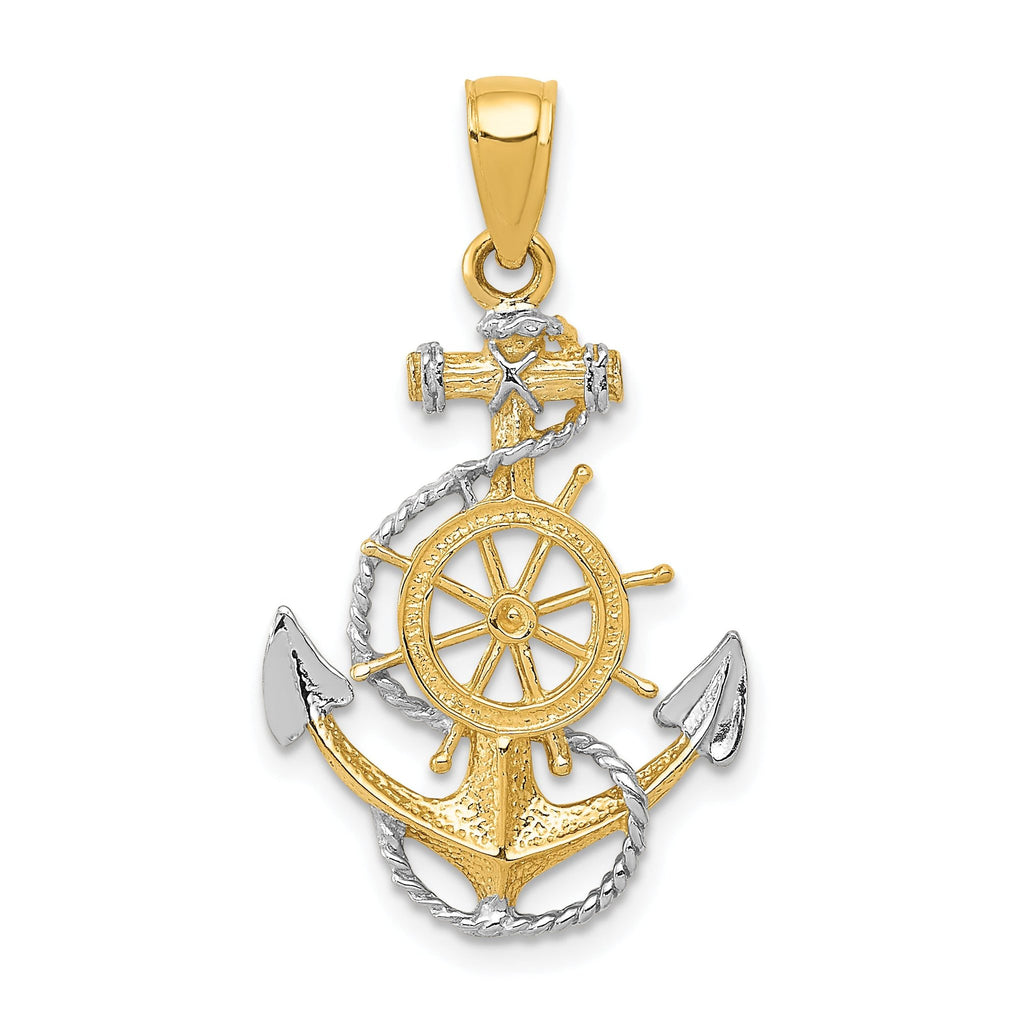 14K Gold and Rhodium Anchor Pendant with Rope Design Men's Solid Charm