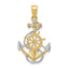 14K Gold and Rhodium Anchor Pendant with Rope Design Men's Solid Charm