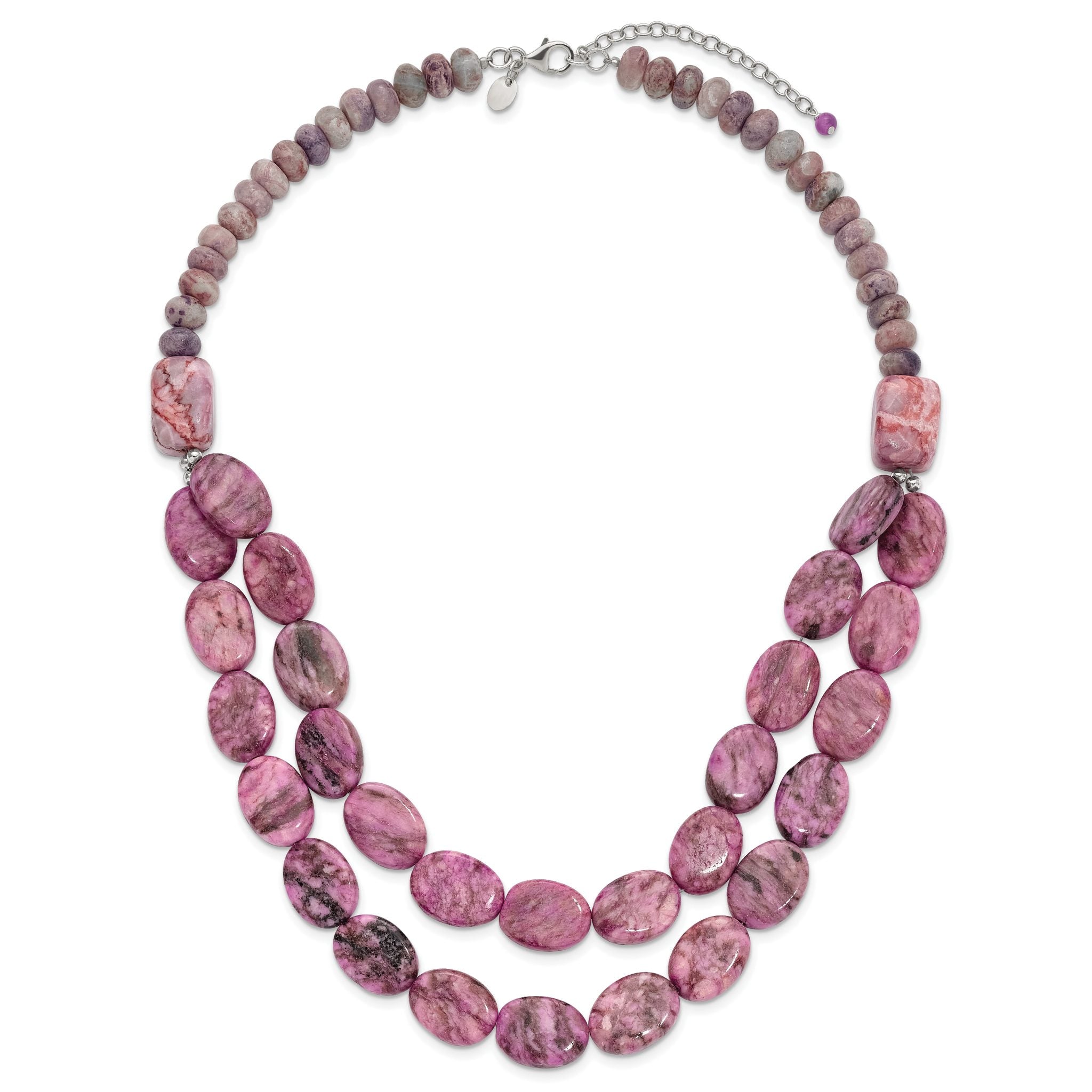 Sterling Silver Charoite, Jade, Pink and Purple Jasper With 2in ext Necklace
