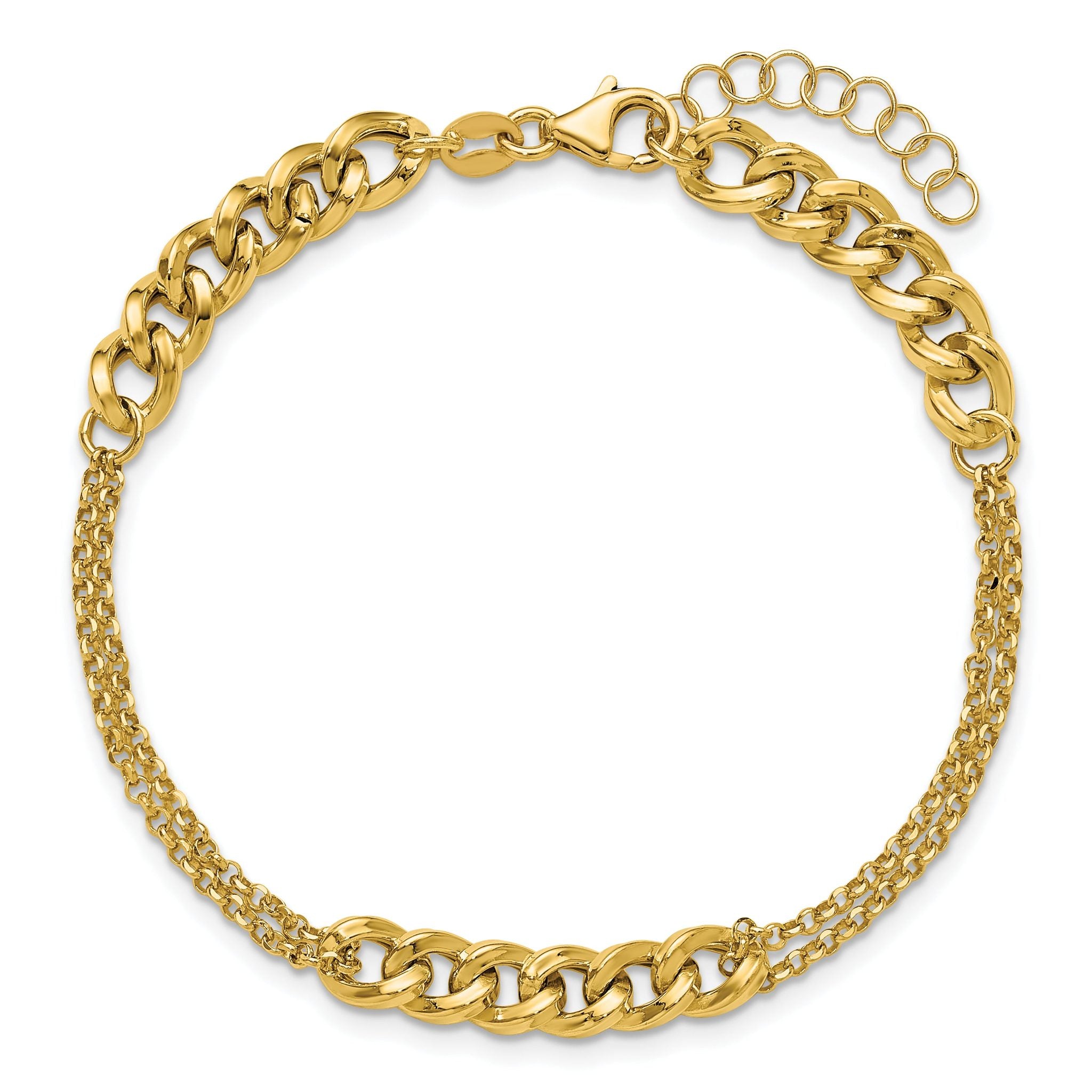 14K Polished/Dia-cut 2-Strand Fancy Link w/1in ext. Bracelet