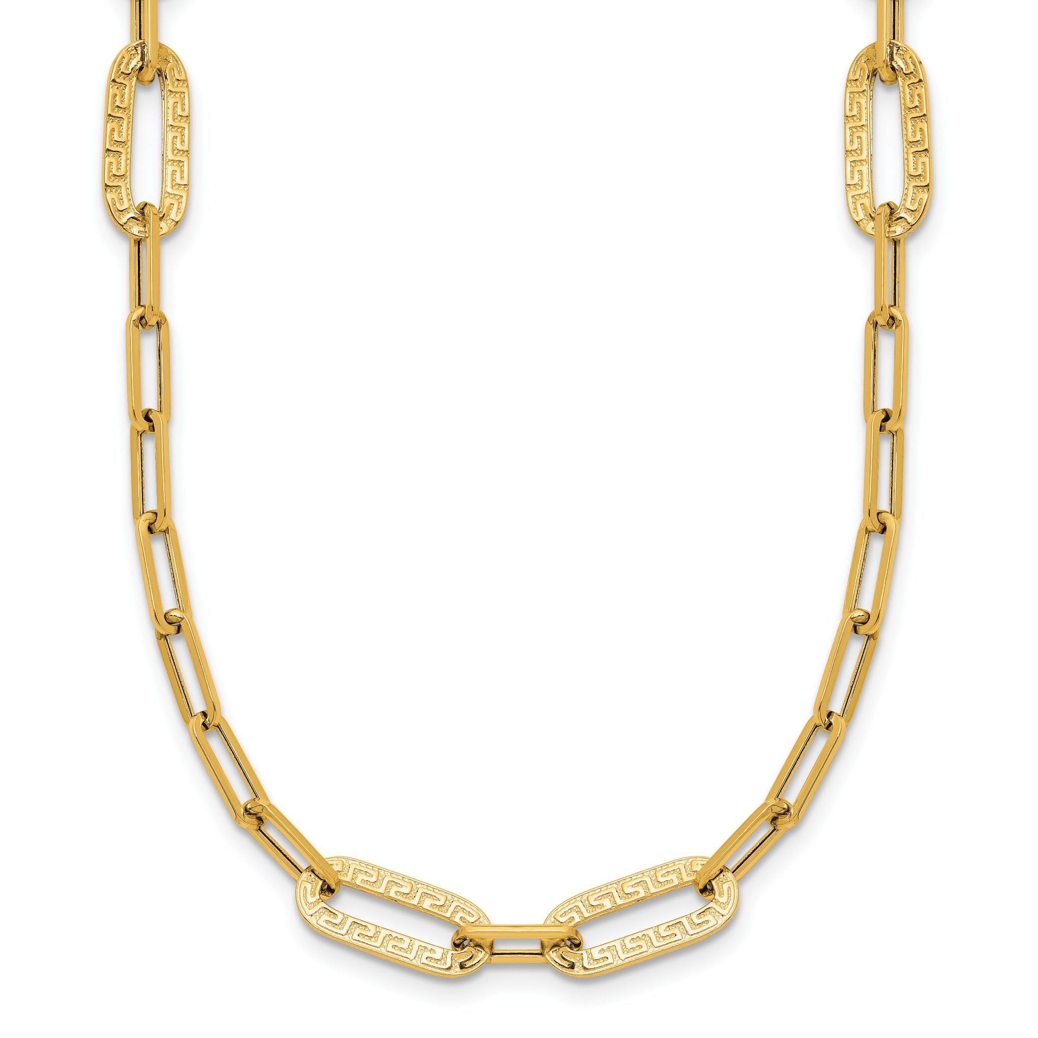 14K Polished Textured Greek Key Paperclip Link Necklace Main image