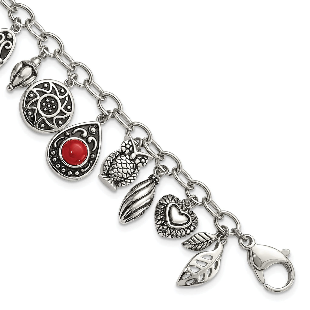 Stainless Steel Polished & Antiqued Synthetic Jade & Red Glass with ext. Charm Bracelet for Women