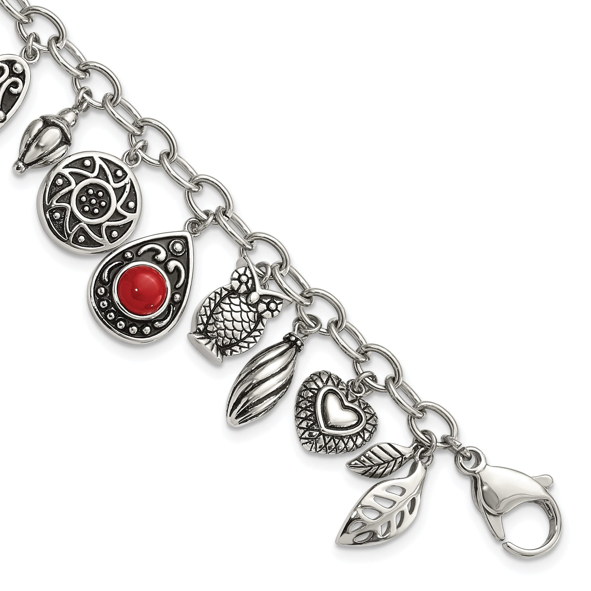 Stainless Steel Polished & Antiqued Synthetic Jade & Red Glass with ext. Charm Bracelet for Women