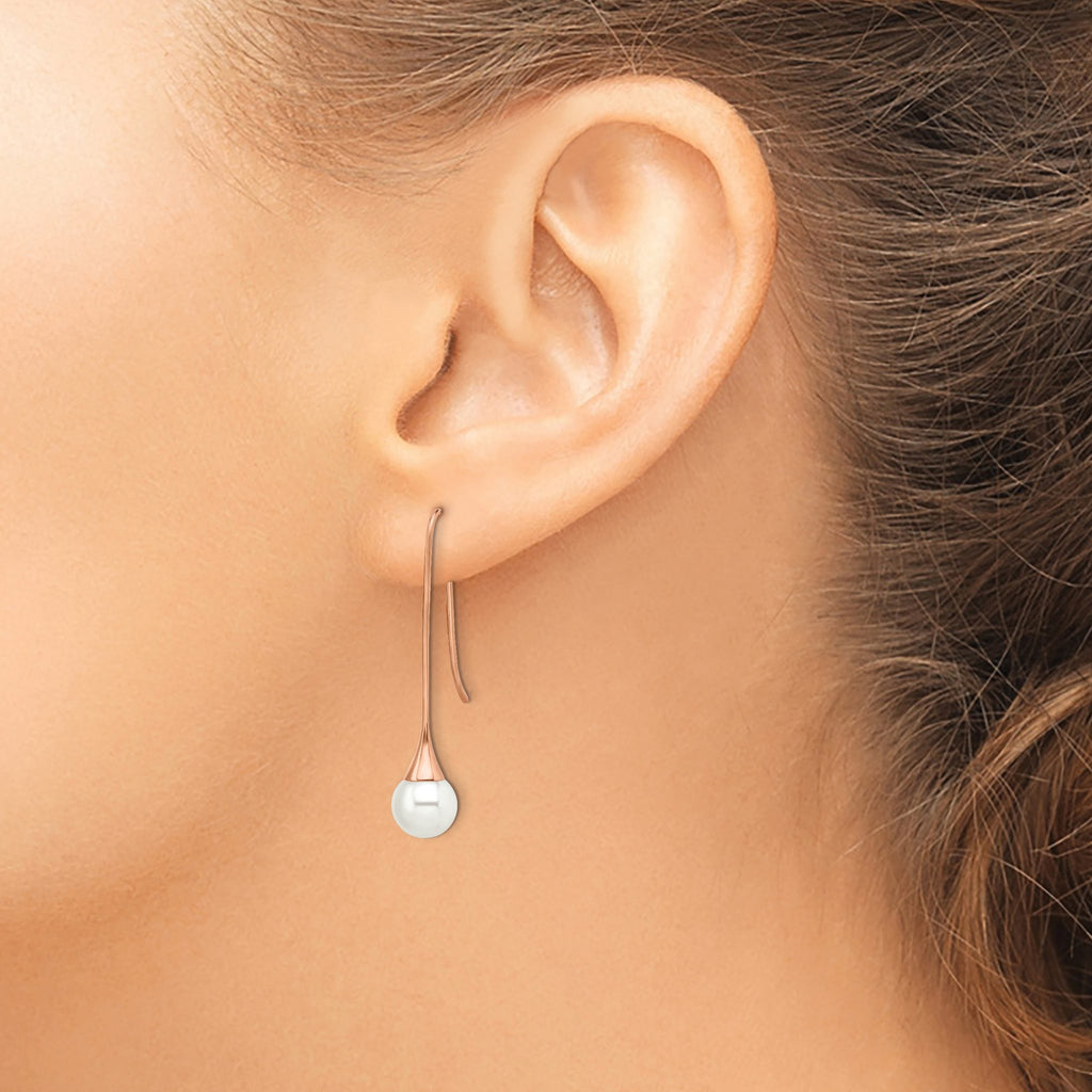 Stainless Steel Rose Gold-Tone Polished Pear Simulated Pearl Drop Dangle Earrings for Women