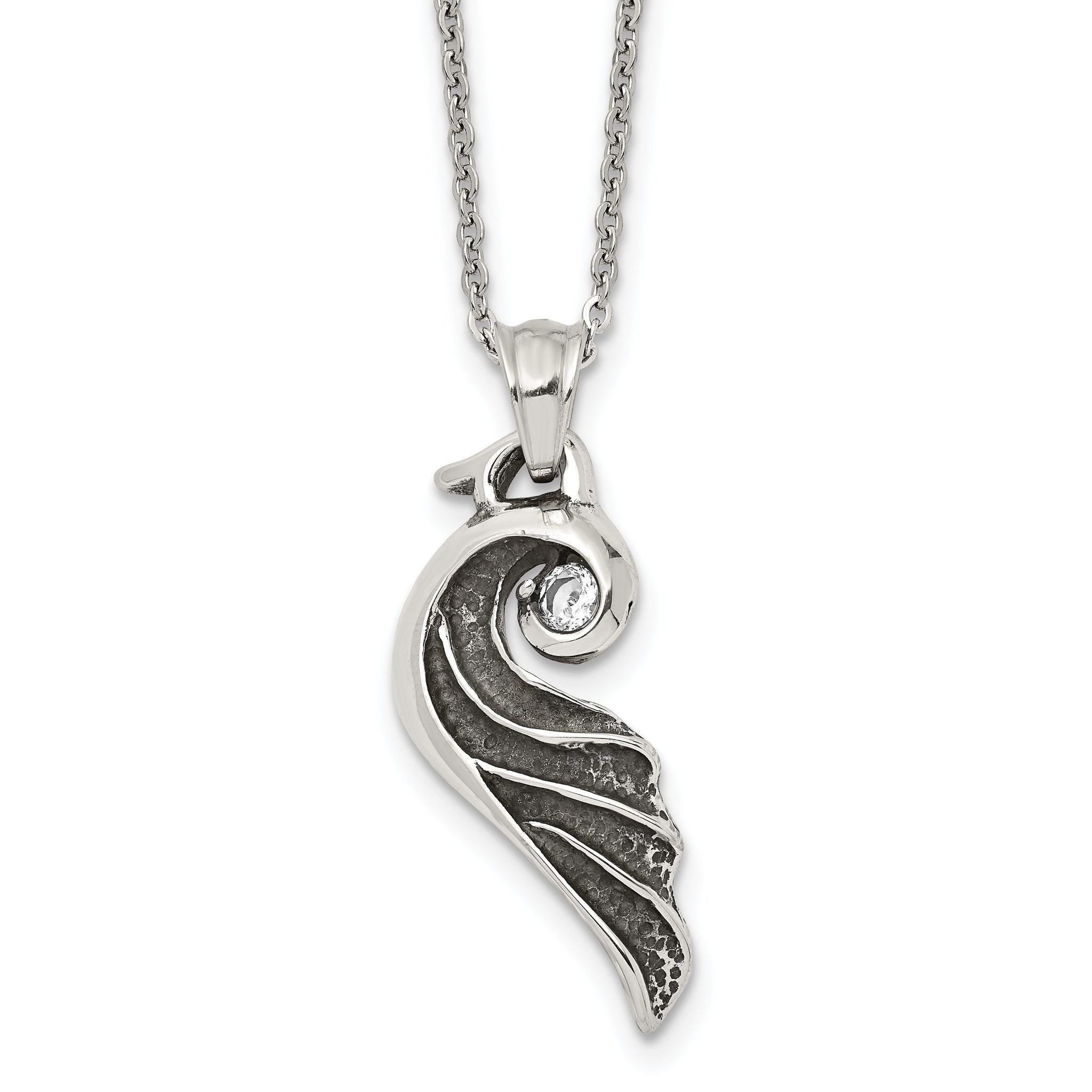 Stainless Steel Antiqued and Polished w/Crystal Wing 18in Necklace Main image