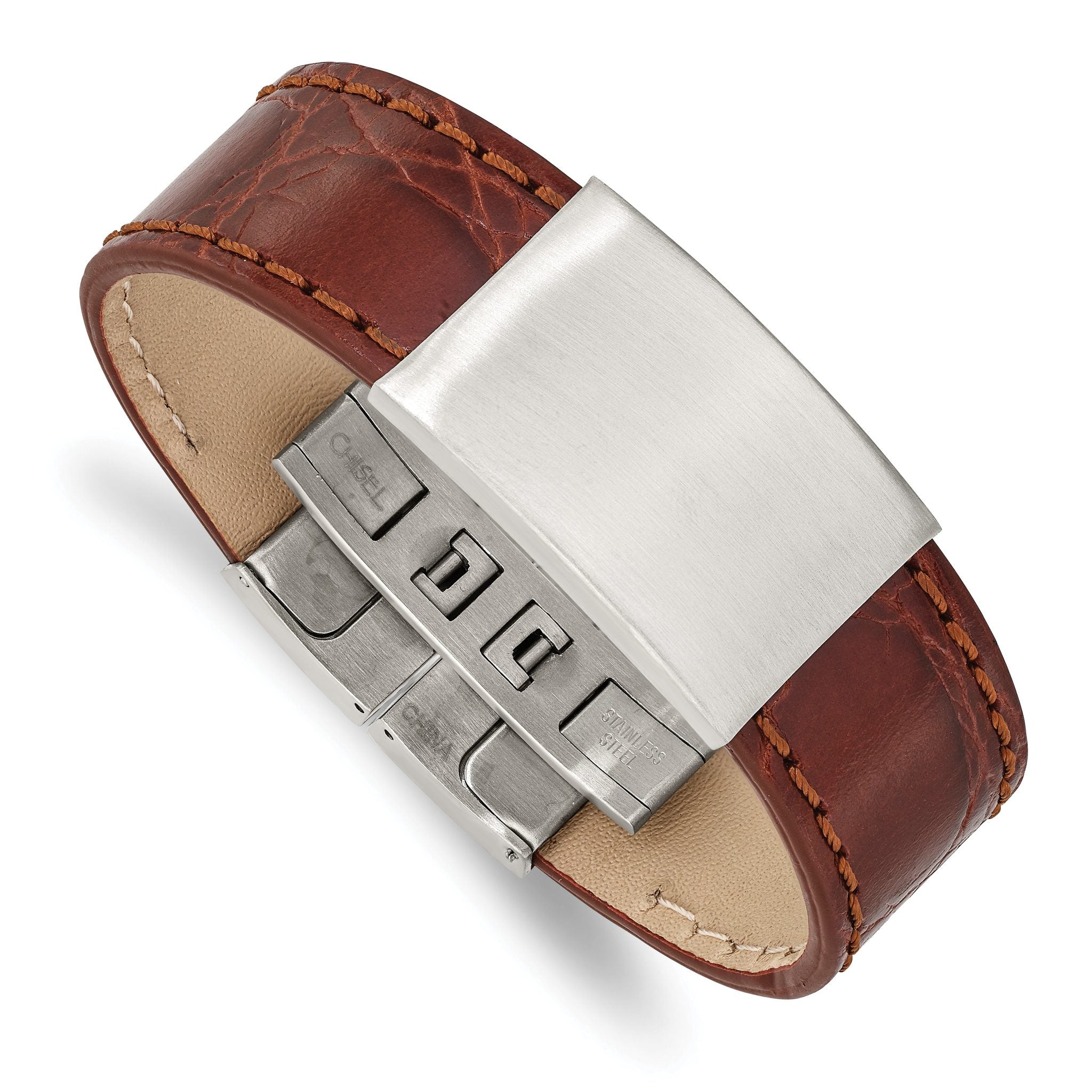Stainless Steel Brushed Medium Brown Leather ID Bracelet for Men