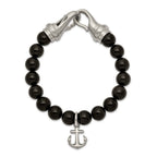 Stainless Steel Brushed Anchor Black Agate Beaded Bracelet for Men