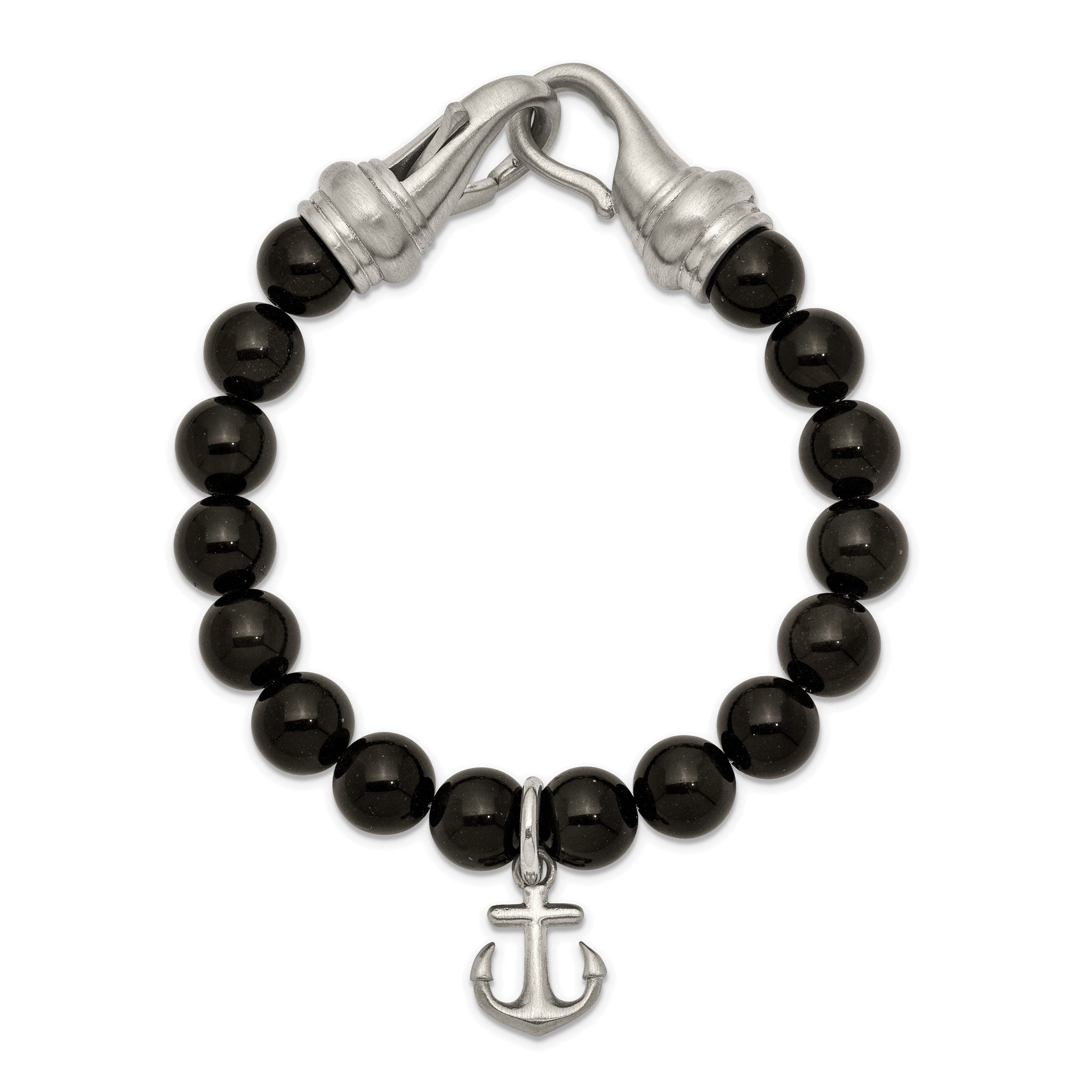 Stainless Steel Brushed Anchor Black Agate Beaded Bracelet for Men