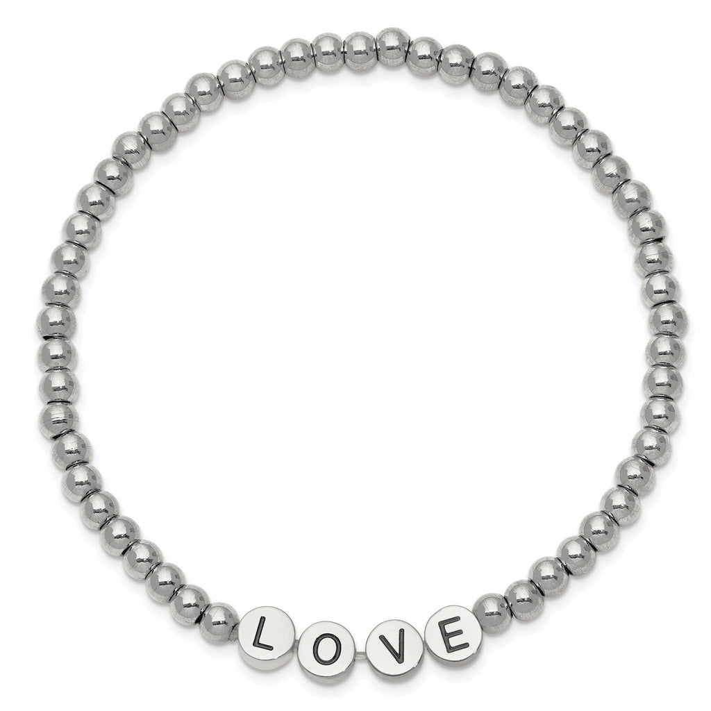 Stainless Steel Antiqued and Polished Love 4mm Beaded Stretch Bracelet for Women