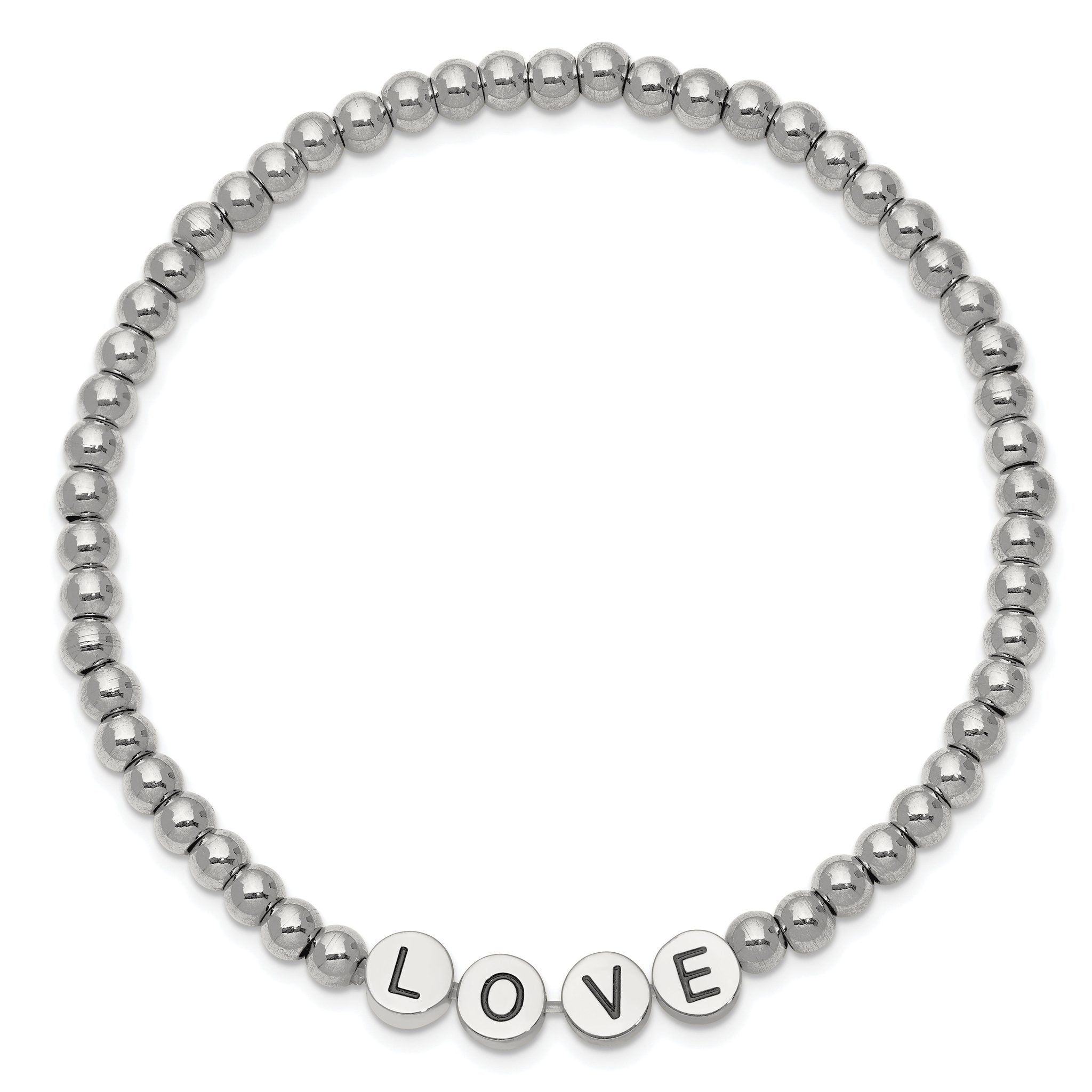Stainless Steel Antiqued and Polished Love 4mm Beaded Stretch Bracelet for Women