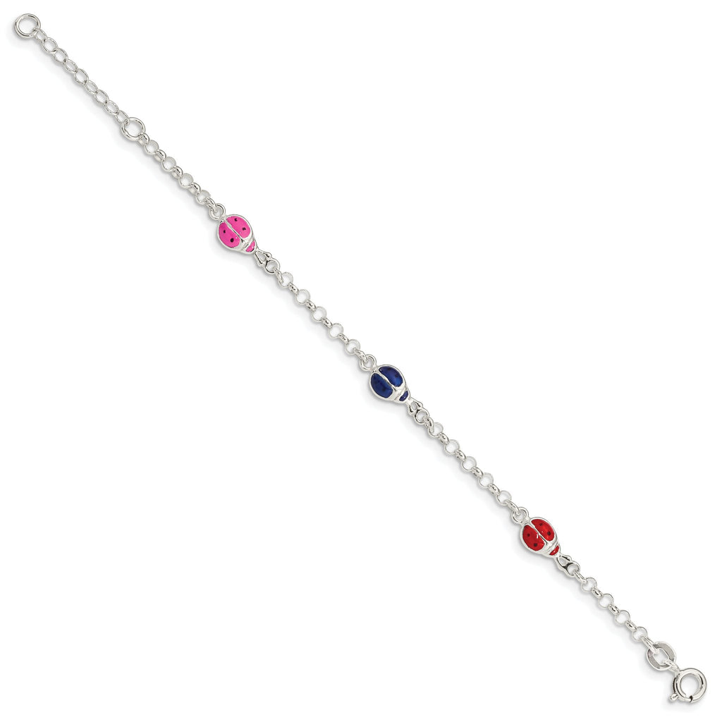 Sterling Silver Multi-color Enamel Ladybugs With  1in ext. Children's Bracelet