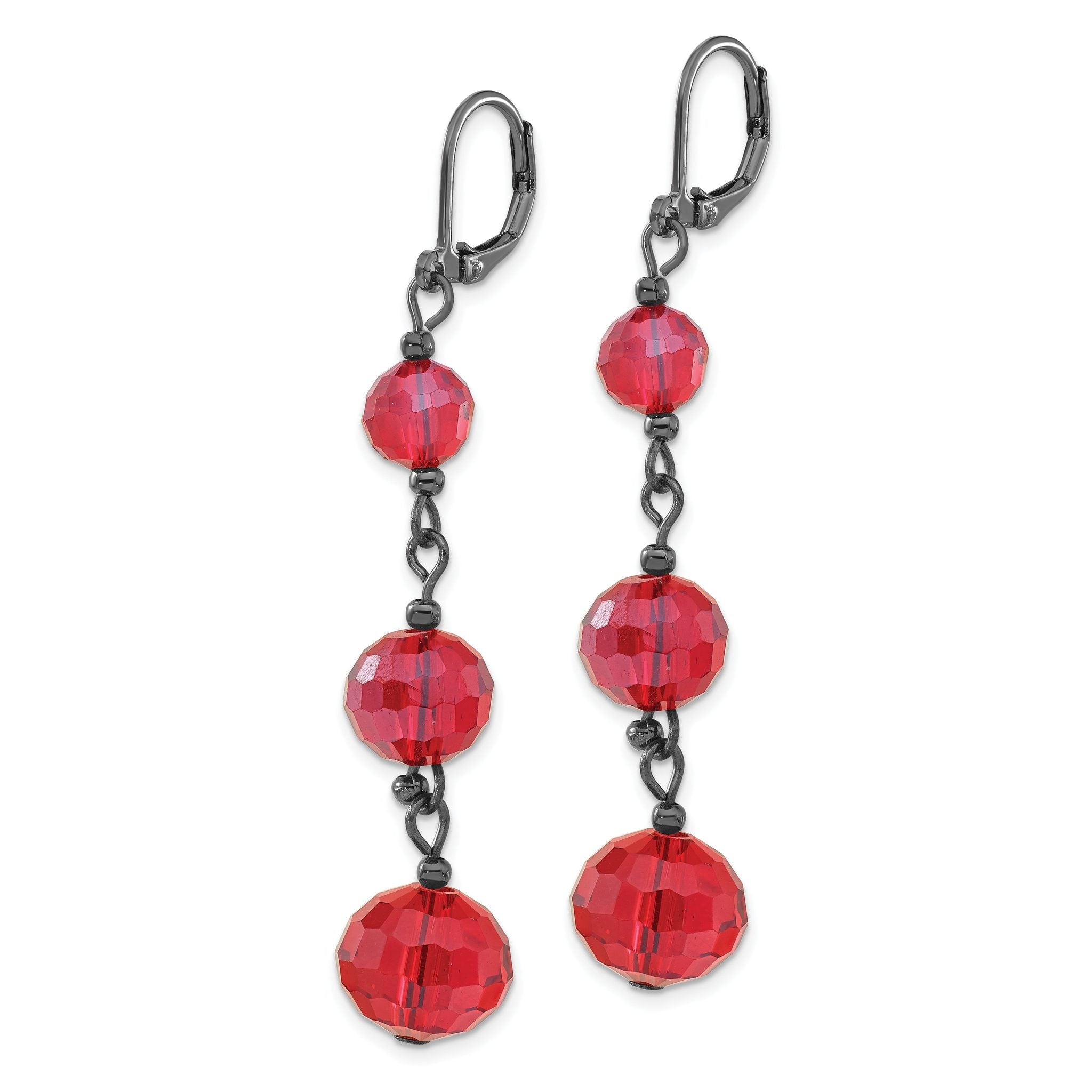1928 Jewerly Black-plated Graduated Red Faceted Glass Beads Dangle Leverback Earrings Secondary image