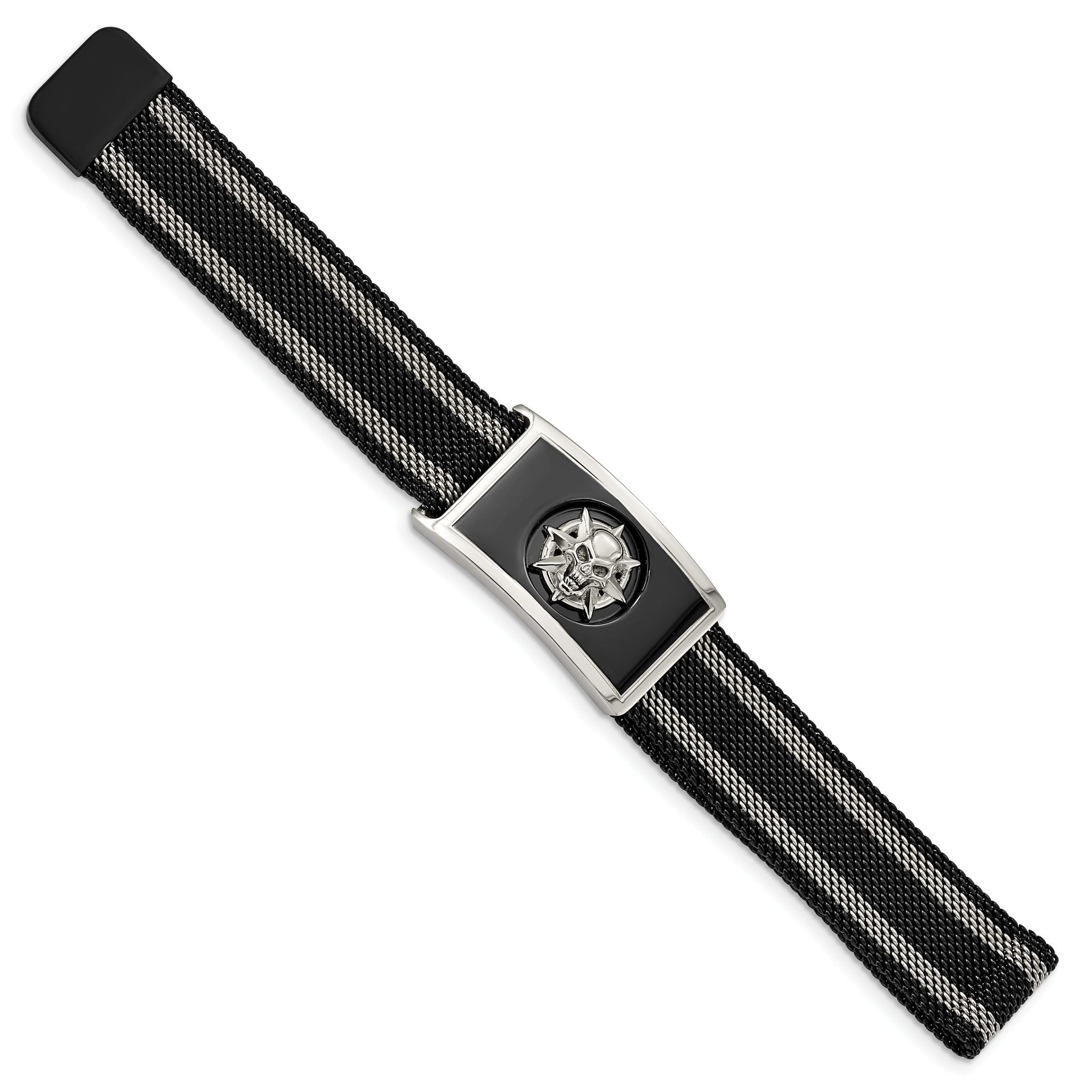 Stainless Steel Polished Black IP-plated Skull Mesh Adjustable Magnetic Clasp Bracelet