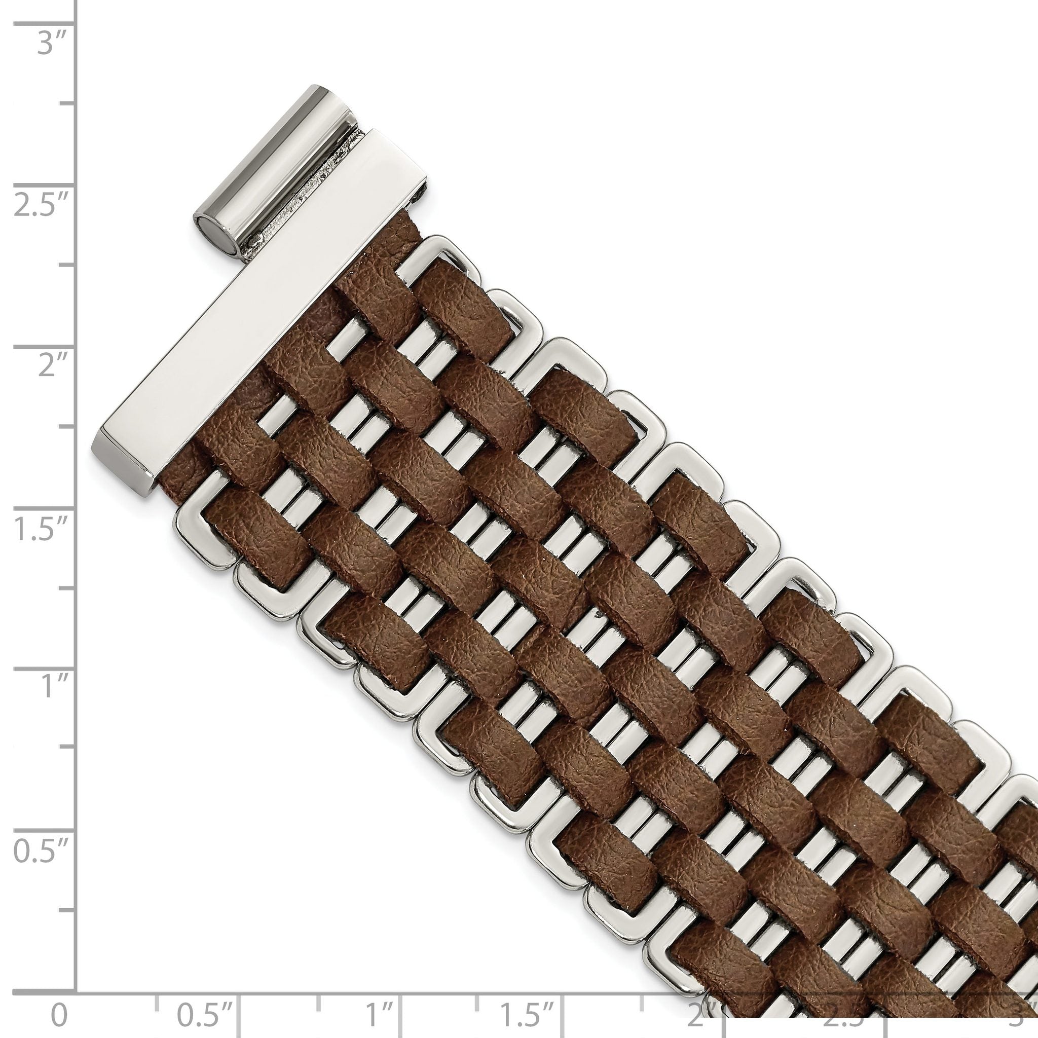 Stainless Steel Polished Woven Brown Leather Bracelet for Women