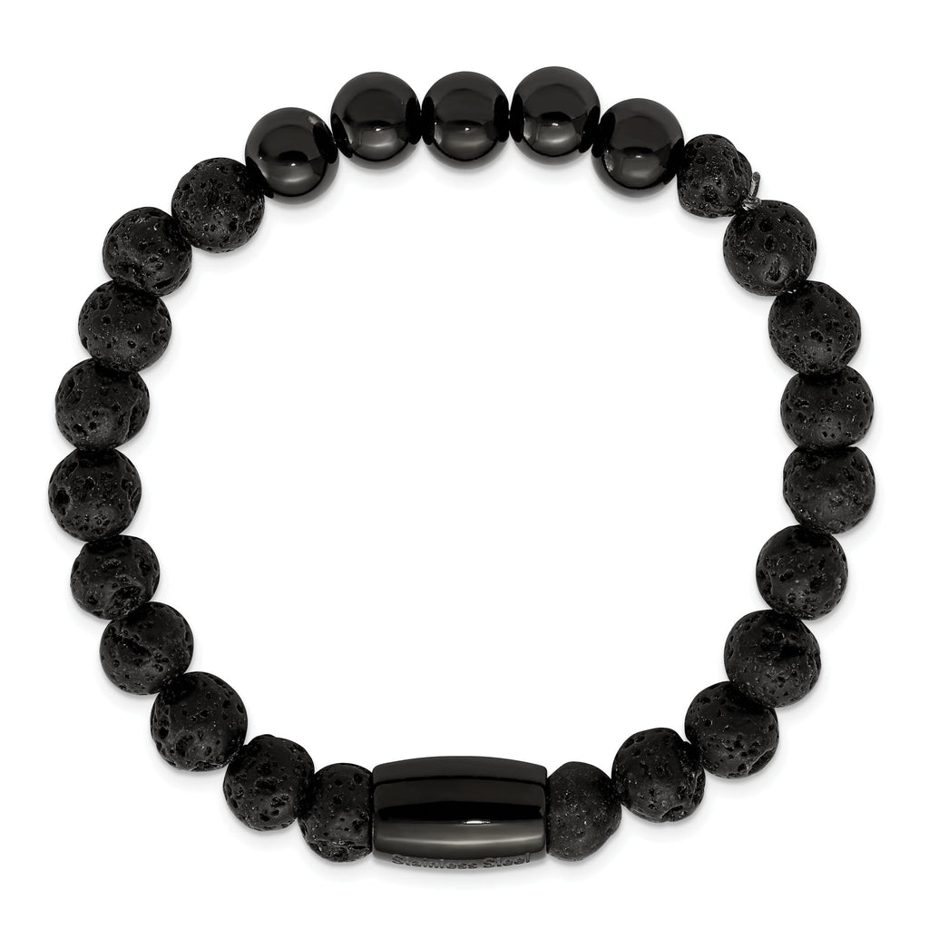 Stainless Steel Polished Black IP-plated 8mm Lava Stone Stretch Bracelet