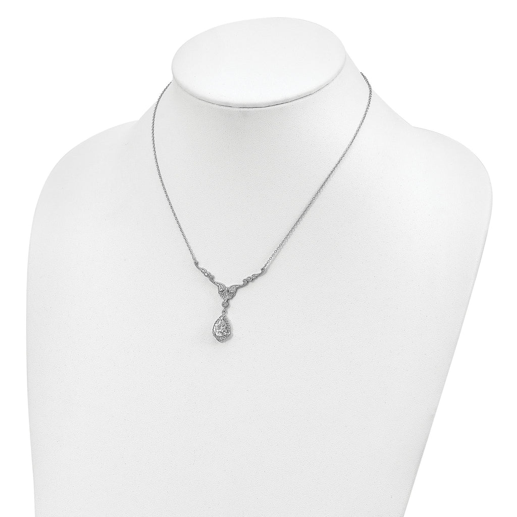 Cheryl M Sterling Silver Rhodium-plated Fancy Brilliant-cut CZ Teardrop Dangle 16 Inch Necklace with 2.25 Inch Extender