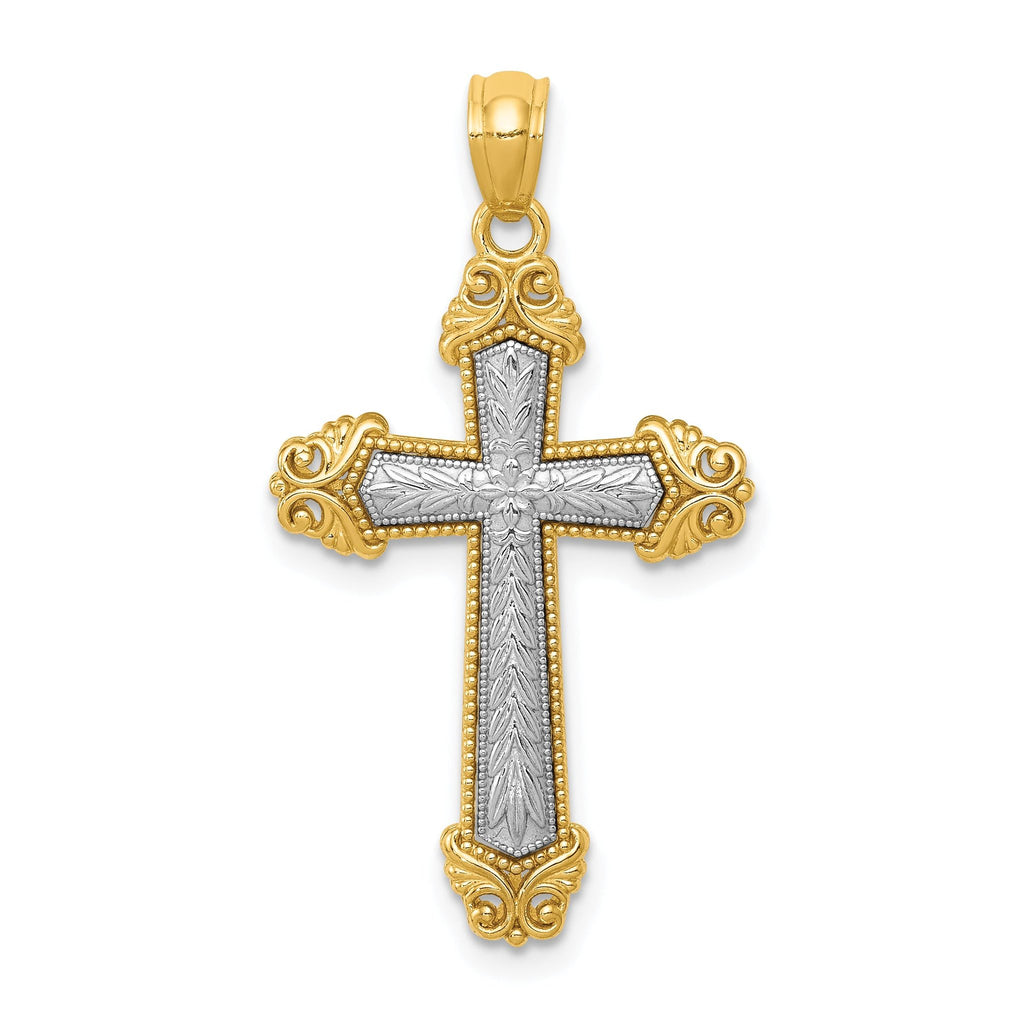 14K Two-Tone Polished Cross Pendant Solid Gold, Elegant Design