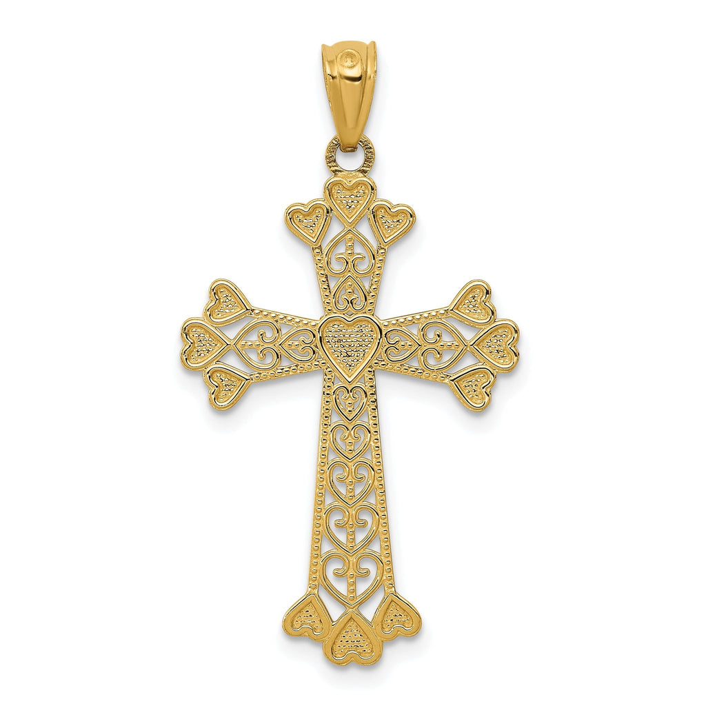 14K Gold Diamond-Cut Polished Filigree Cross Pendant with Hearts, Reversible
