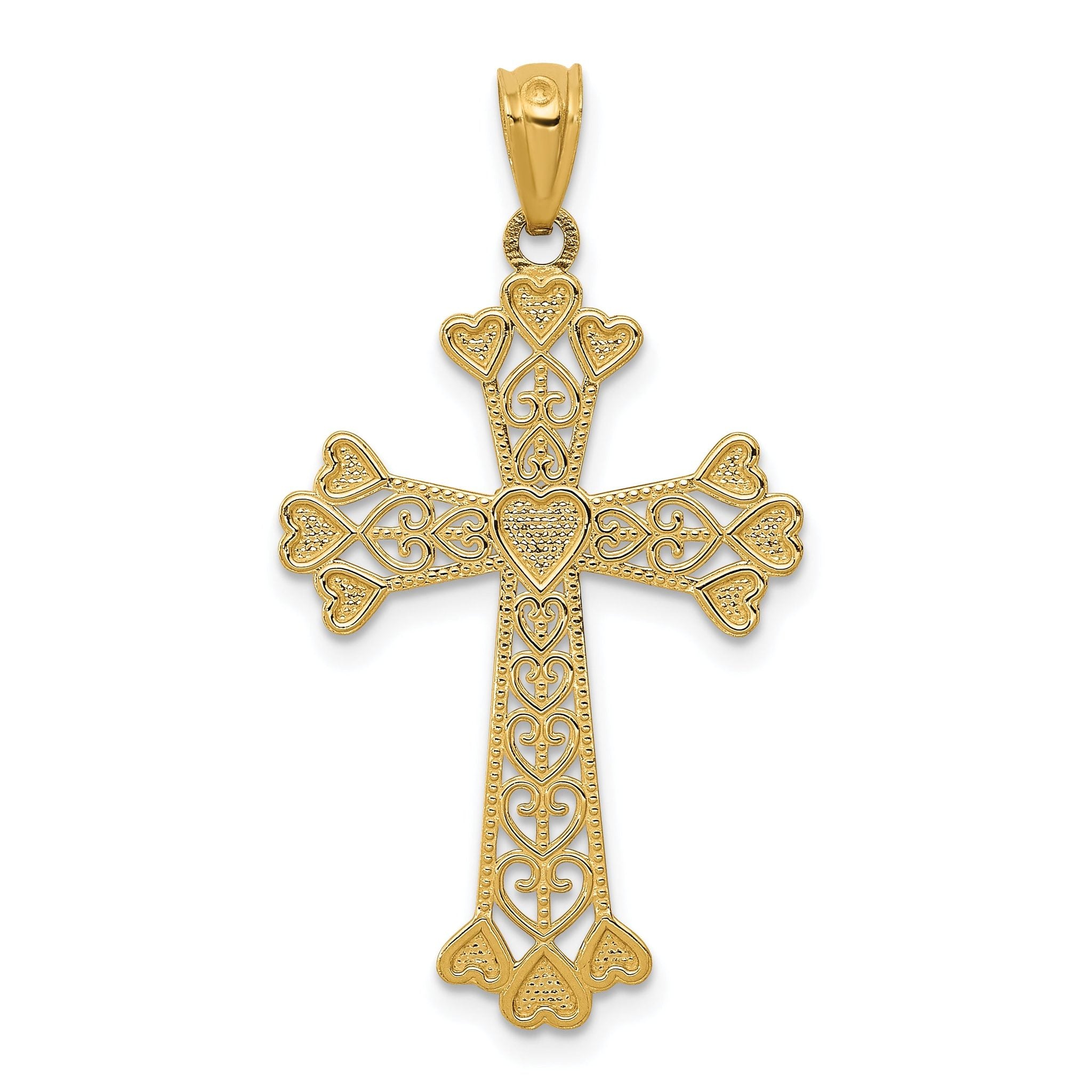 14K Gold Diamond-Cut Polished Filigree Cross Pendant with Hearts, Reversible