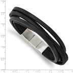 Stainless Steel Polished Multi Strand Black PU Leather Bracelet with . Extension