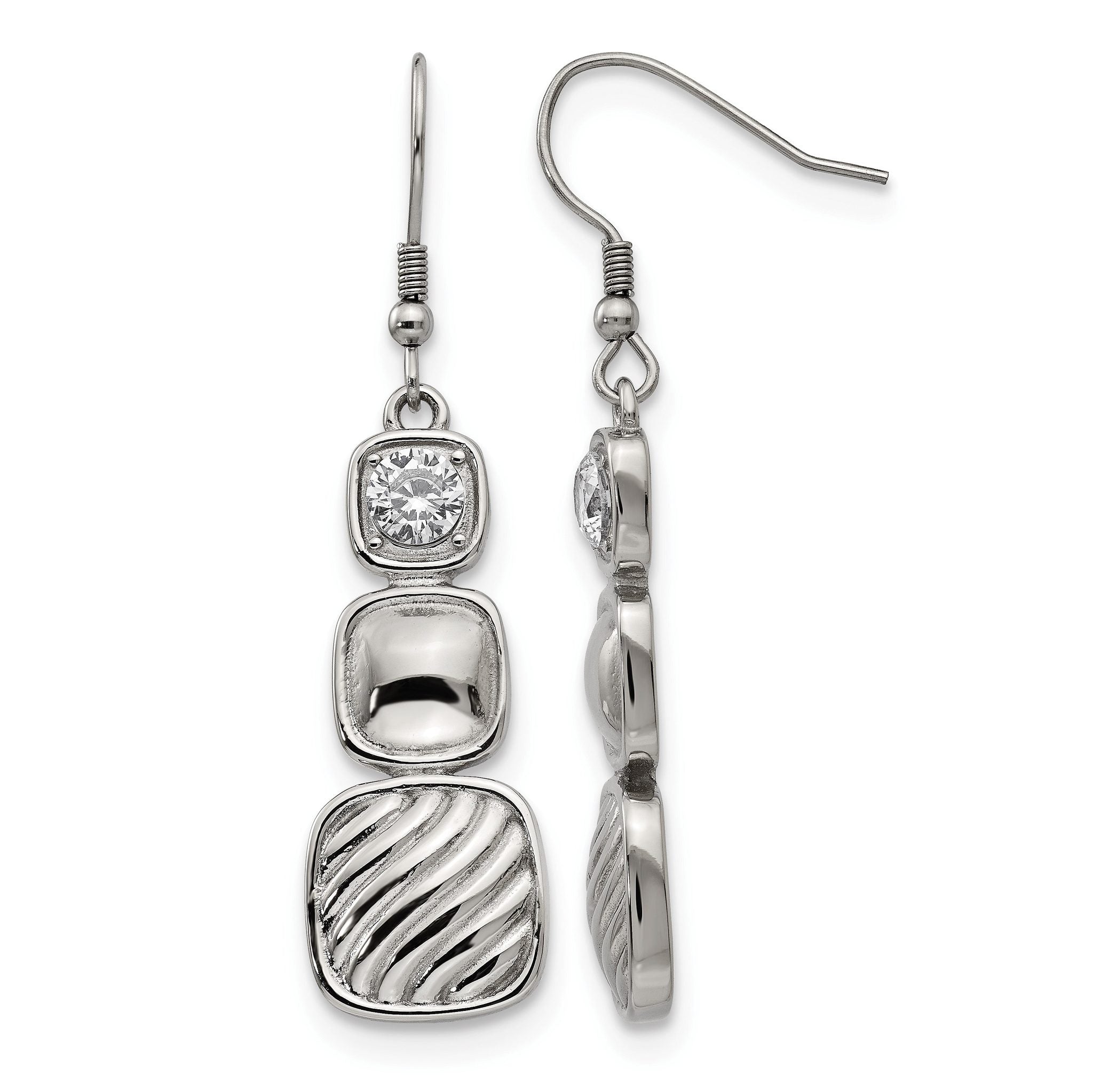 Stainless Steel Polished Square Cubic Zirconia Drop Dangle Earrings for Women