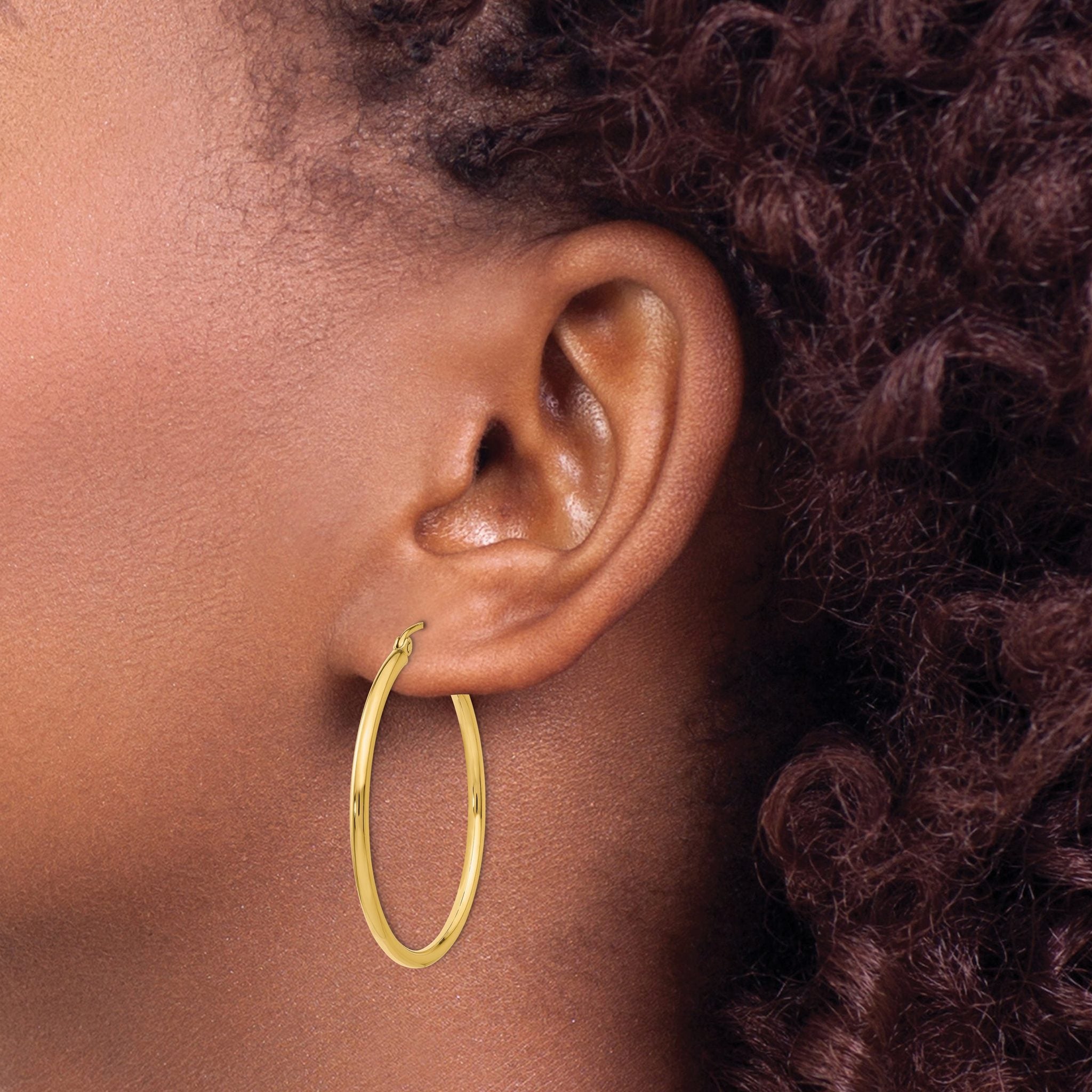 10K Gold Polished Hoop Earrings 2mm Elegantly Crafted for Women