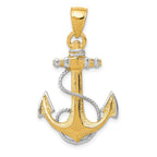 14K Gold & Rhodium Anchor Pendant with Rope Detail for Men