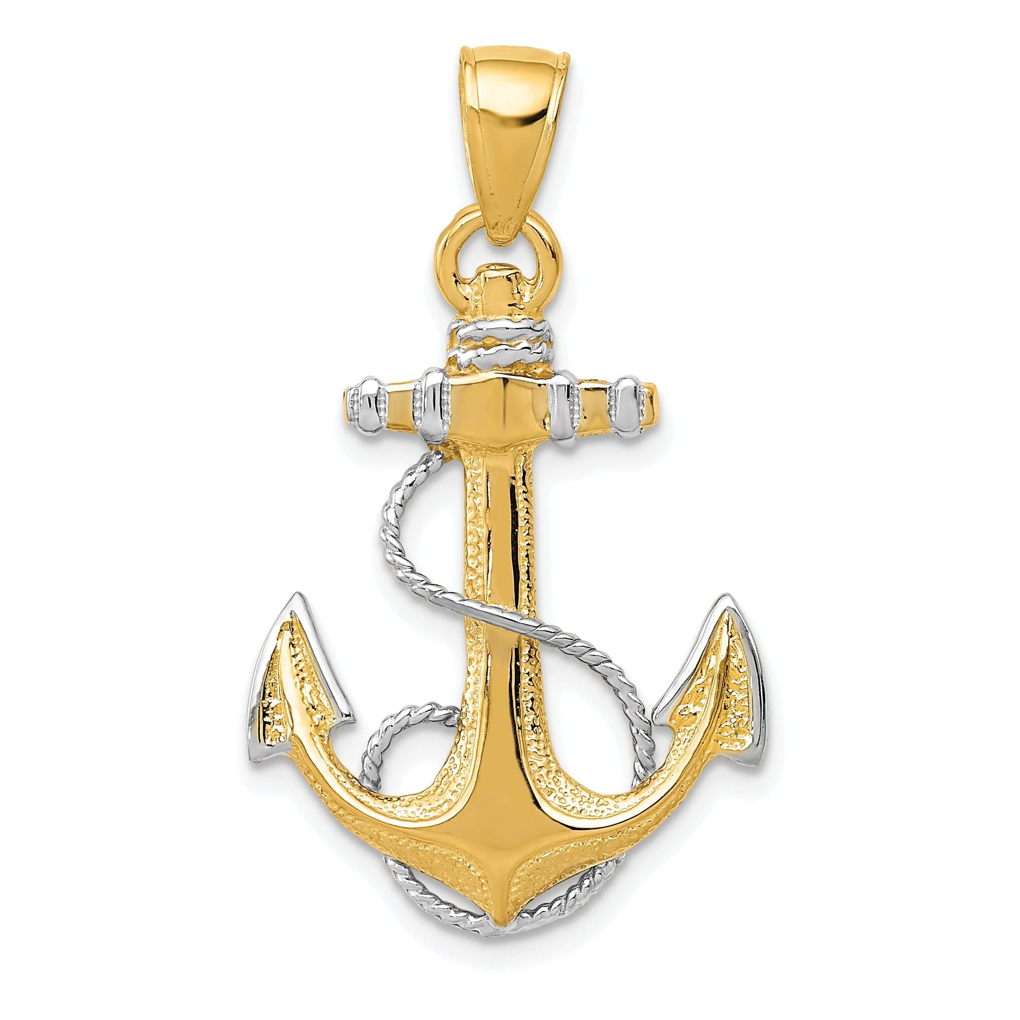 14K Gold & Rhodium Anchor Pendant with Rope Detail for Men