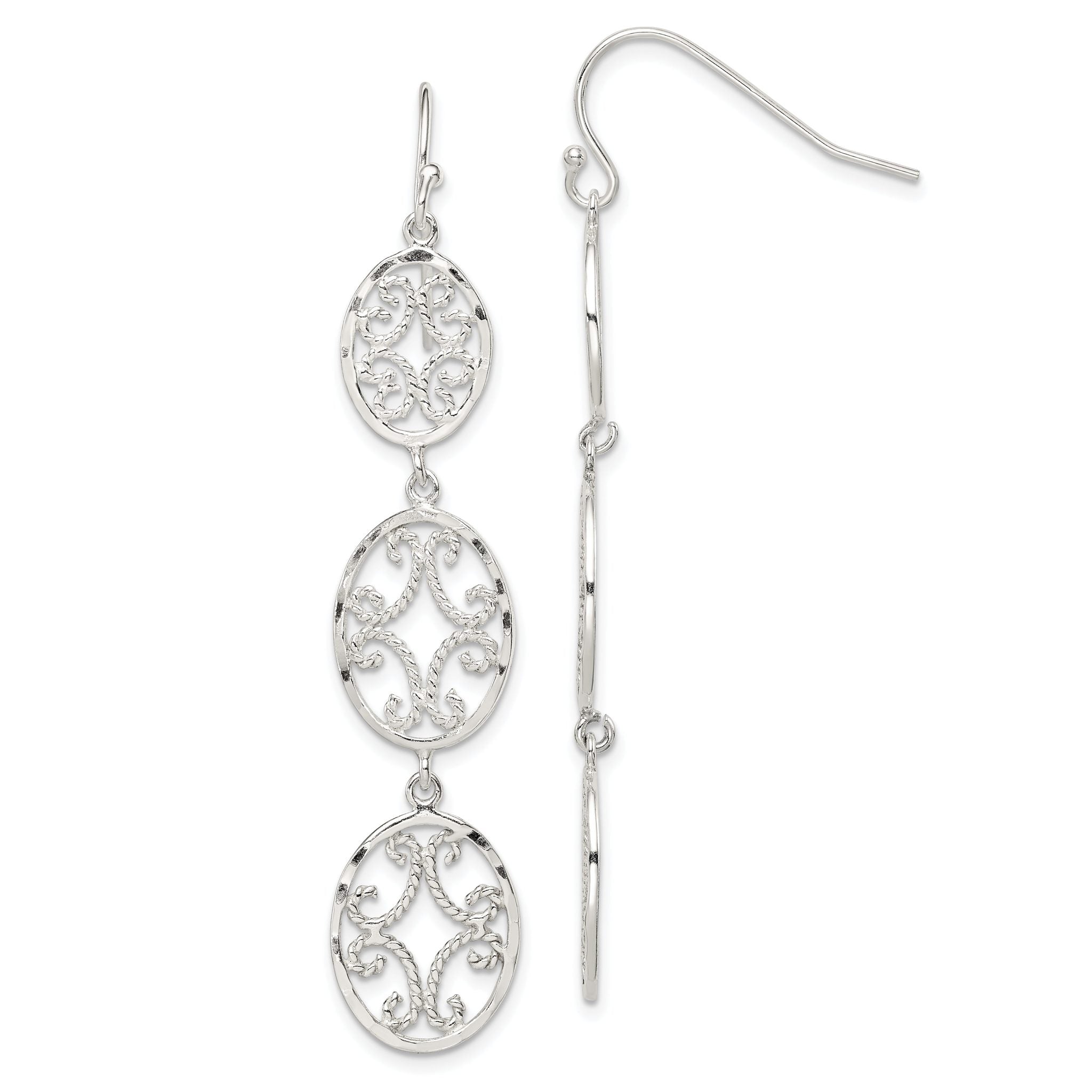 Sterling Silver Polished Diamond-cut Filigree Triple Oval Dangle Earrings Main image