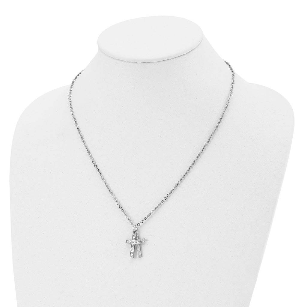 Laser-Cut Cross 2-Piece Necklace in Stainless Steel with CZ