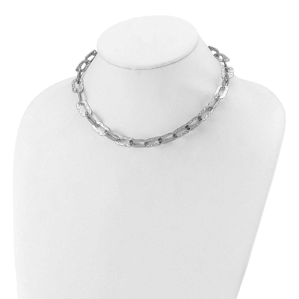 Sterling Silver Rh-plat Polish/Hammered Fancy w/2in ext. Necklace