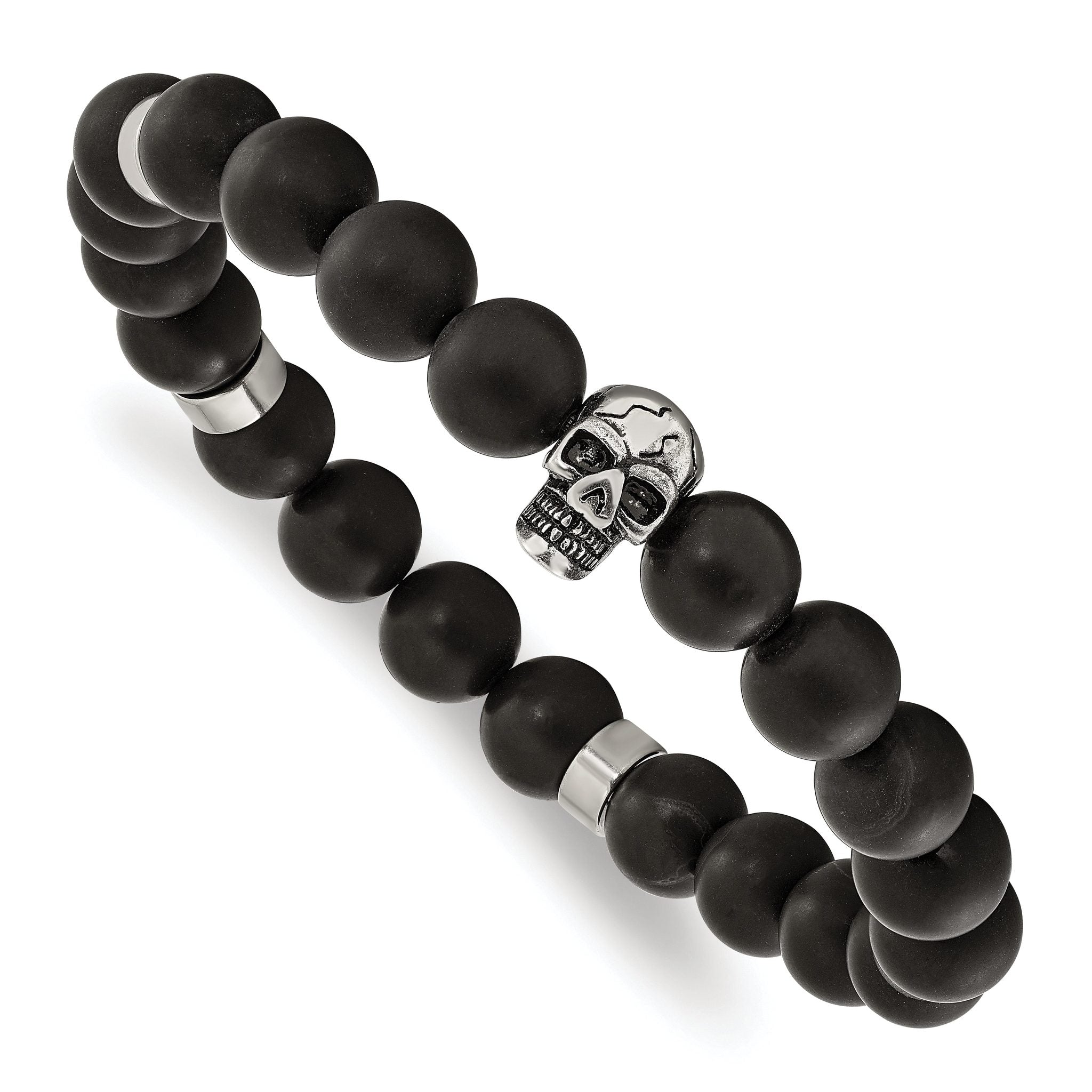 Stainless Steel Antiqued and Polished Black Agate Beaded with Skulls Stretch Bracelet for Men Main image
