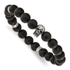 Stainless Steel Antiqued and Polished Black Agate Beaded with Skulls Stretch Bracelet for Men