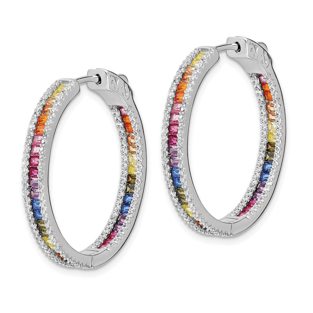 Prizma Sterling Silver Rhodium-plated White and Colorful CZ In and Out Hinged Hoop Earrings