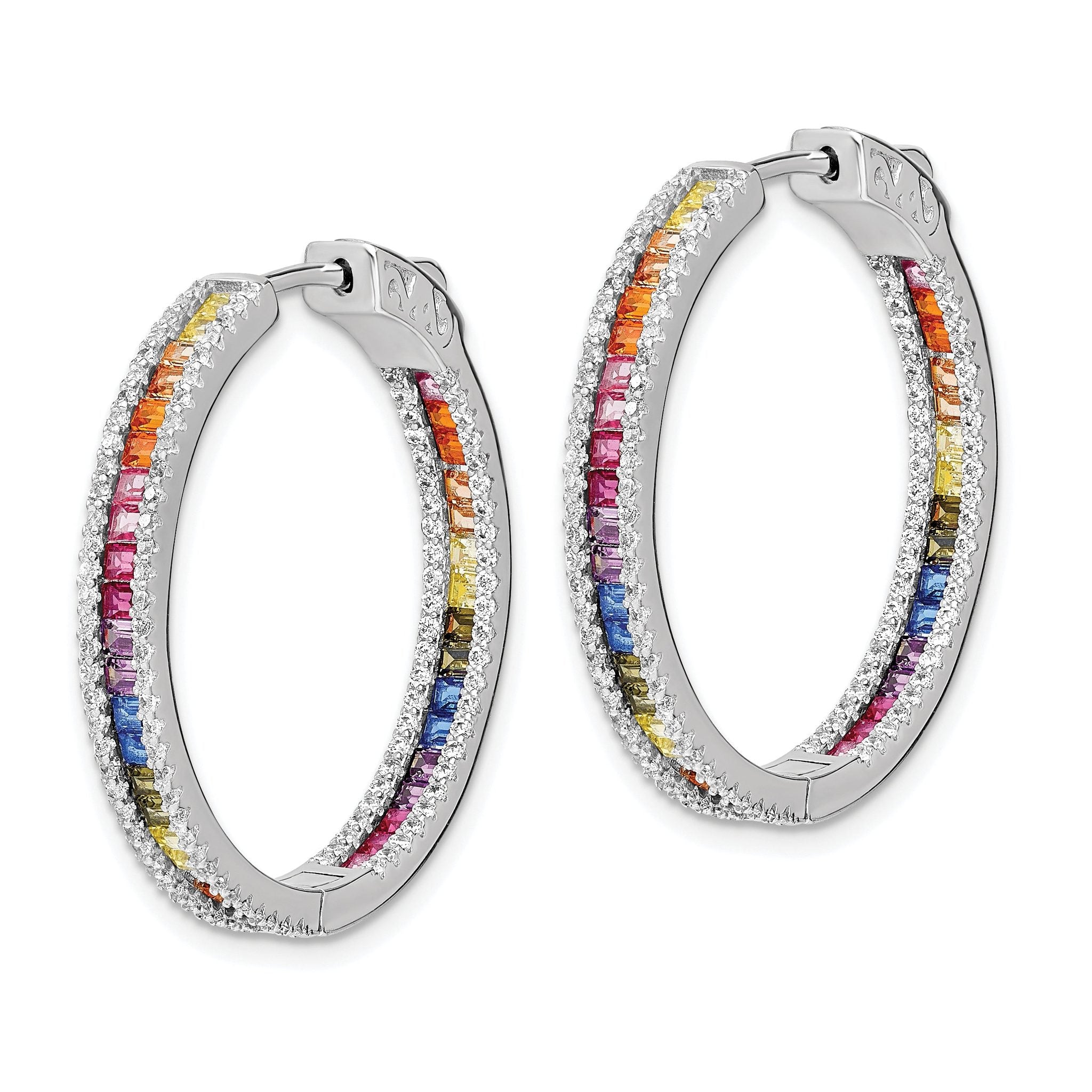 Prizma Sterling Silver Rhodium-plated White and Colorful CZ In and Out Hinged Hoop Earrings