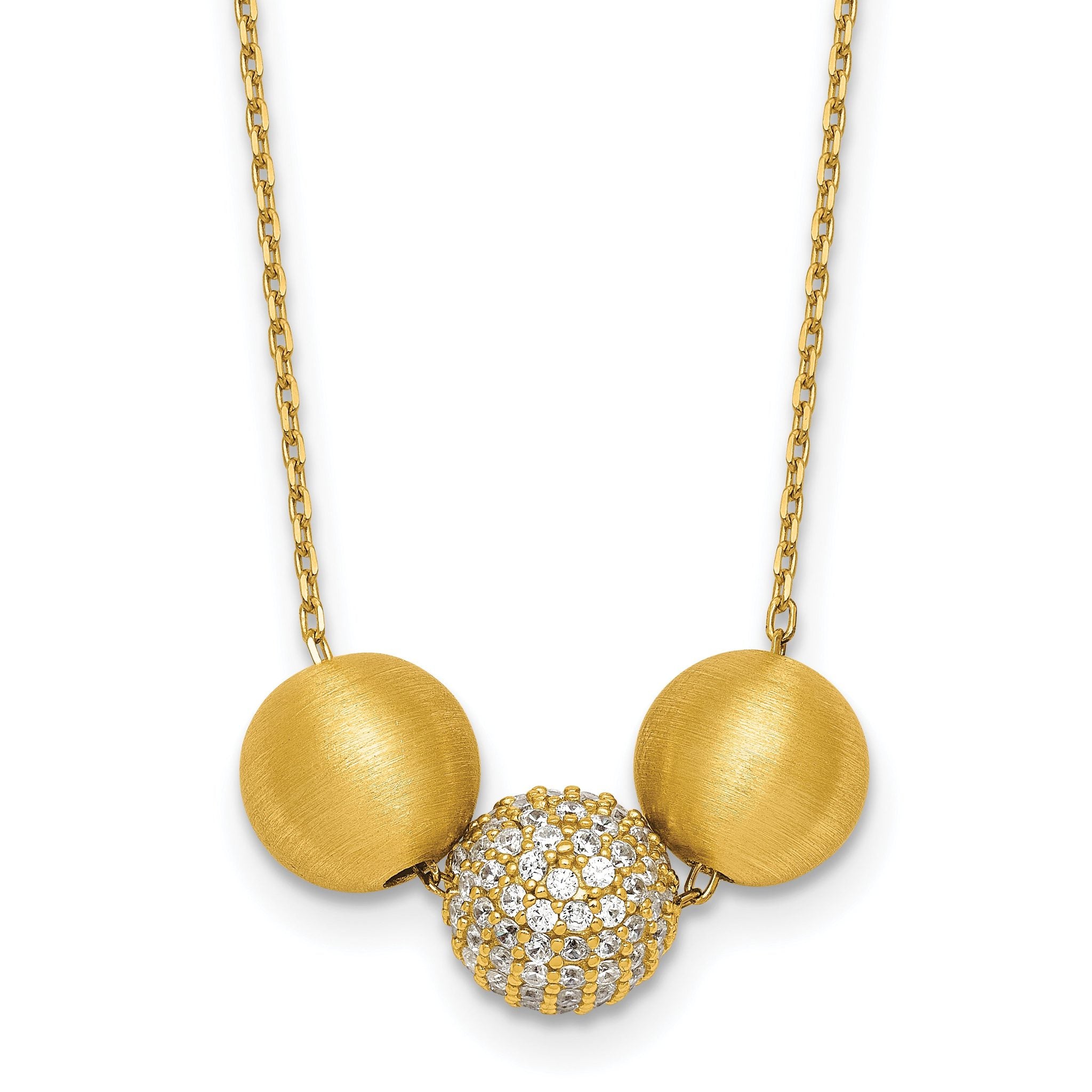 Sterling Silver Gold-Tone Polished and Brushed CZ Beads 16 Inch with 2 Inch Extension Necklace Main image