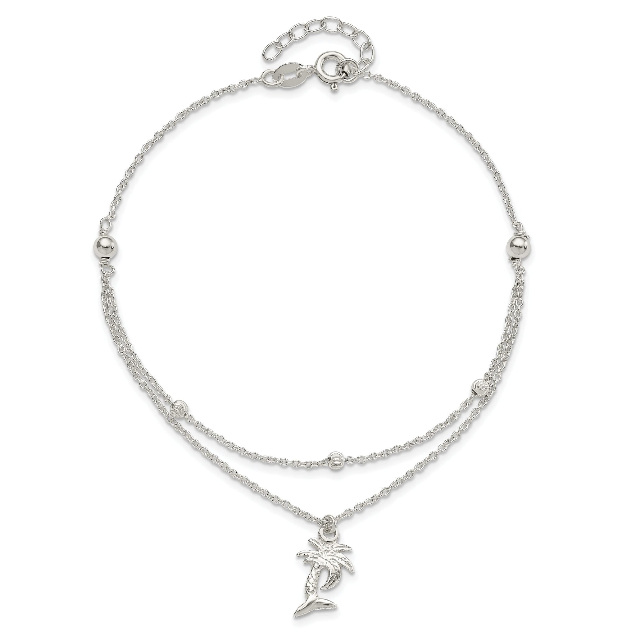 Sterling Silver Palm Tree 2-Strand 9 inch Plus 1 inch Extender - Total 10 inch Anklet