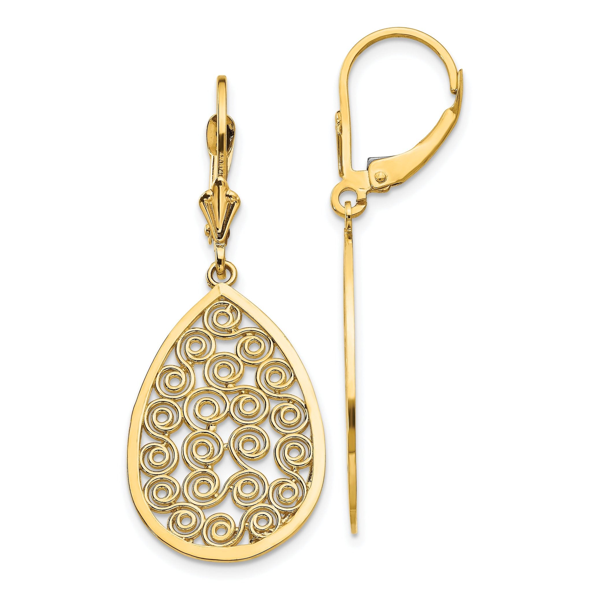 14k Teardrop Filigree Dangle Leverback Earrings Main image