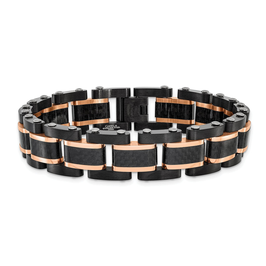 Stainless Steel Brushed and Polished Black and Rose IP-plated with Black Carbon Fiber Inlay Link Bracelet for Men