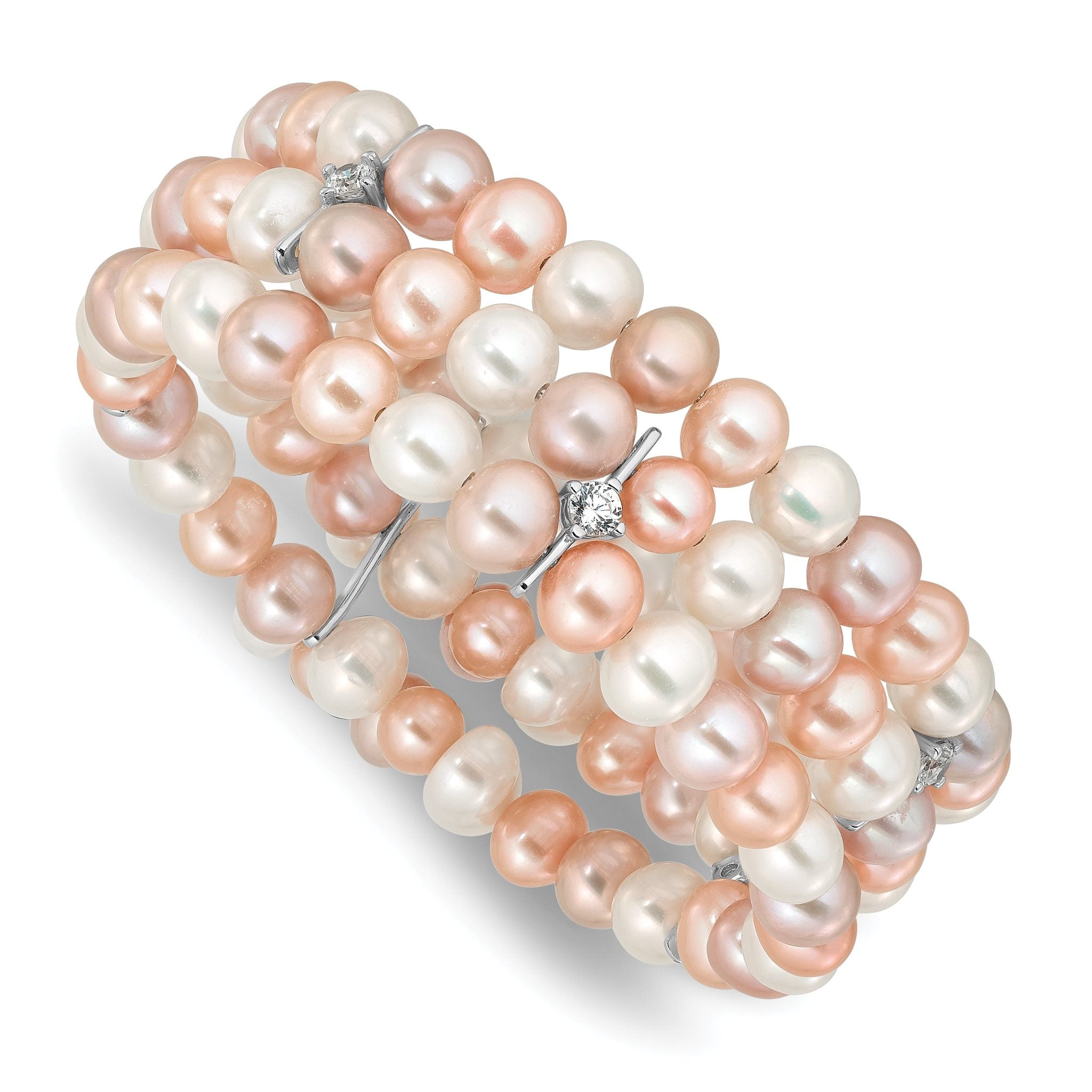 Sterling Silver RH-plated 7-8mm Multi Color FWC Pearl/CZ Flexible Bangle Main image