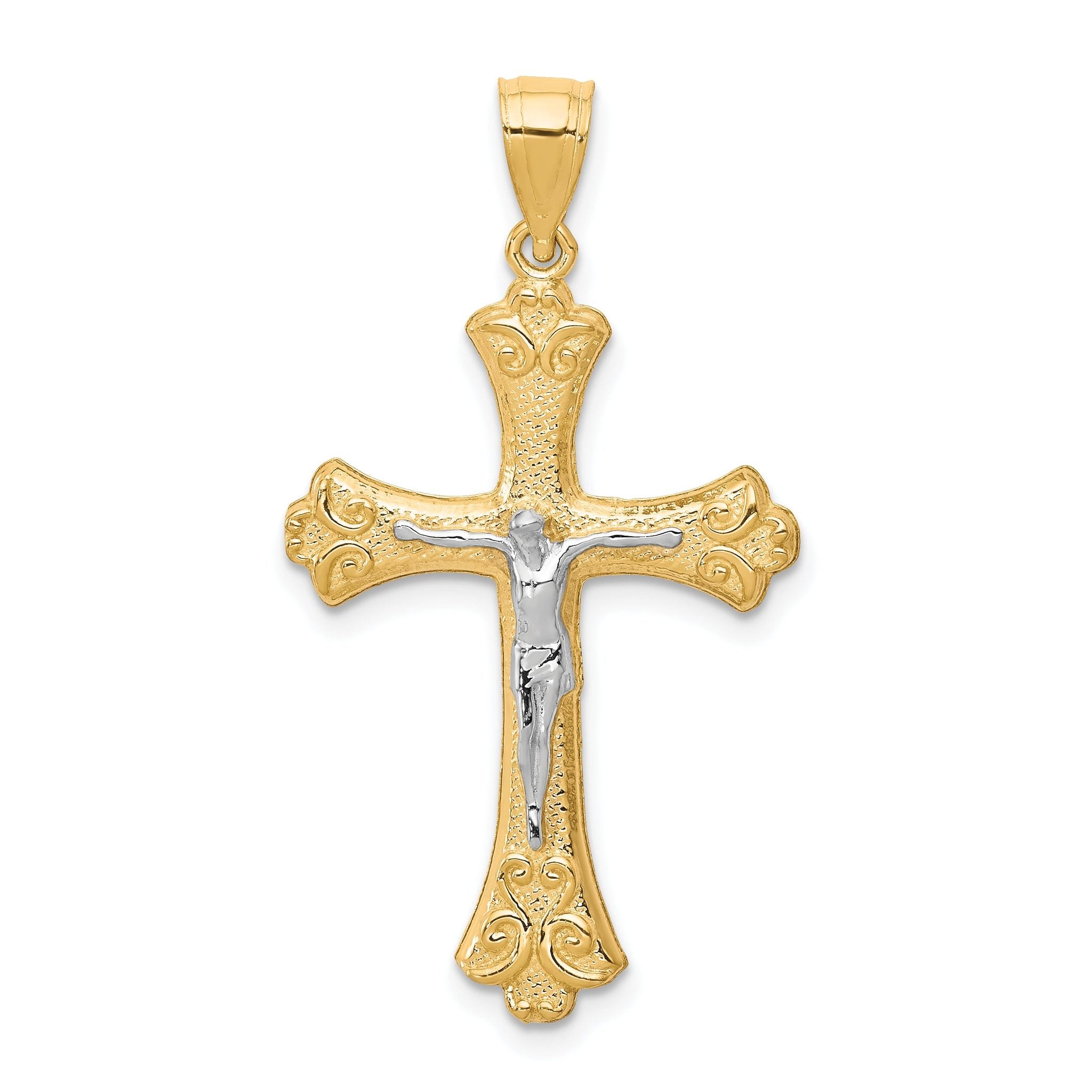 10K Gold Fleur De Lis Crucifix Pendant with Rhodium Accents, Polished Finish Main image
