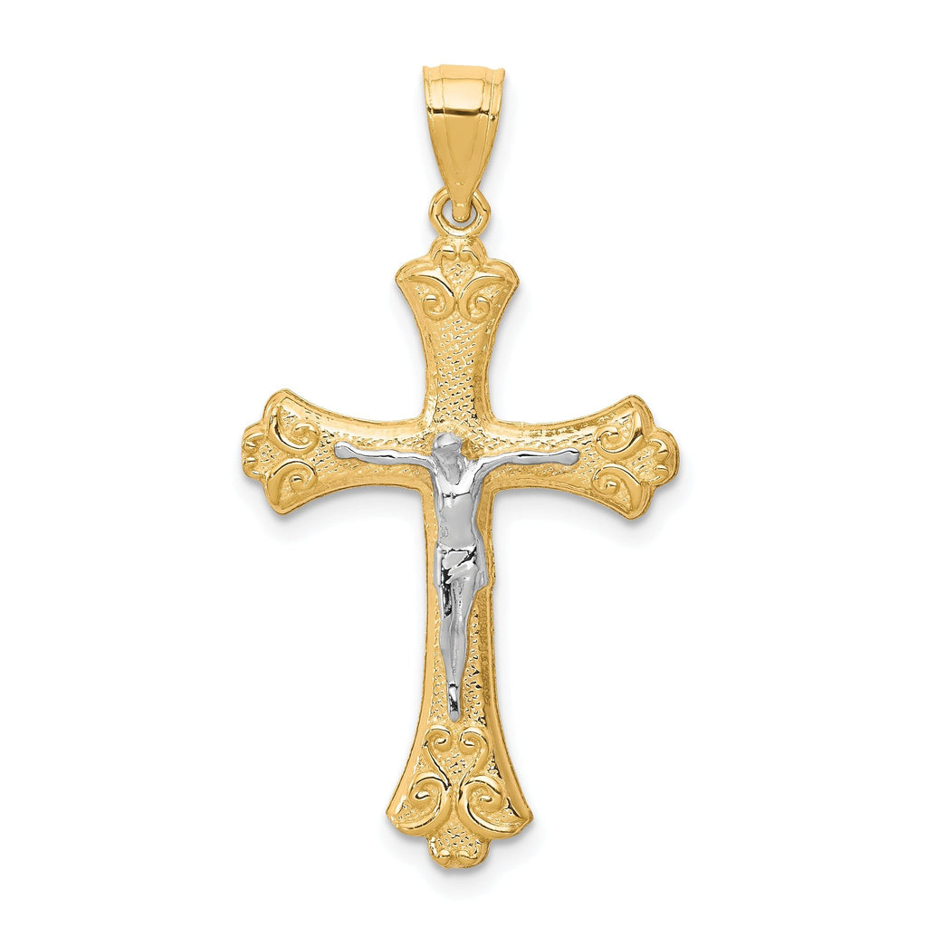 10K Gold Fleur De Lis Crucifix Pendant with Rhodium Accents, Polished Finish