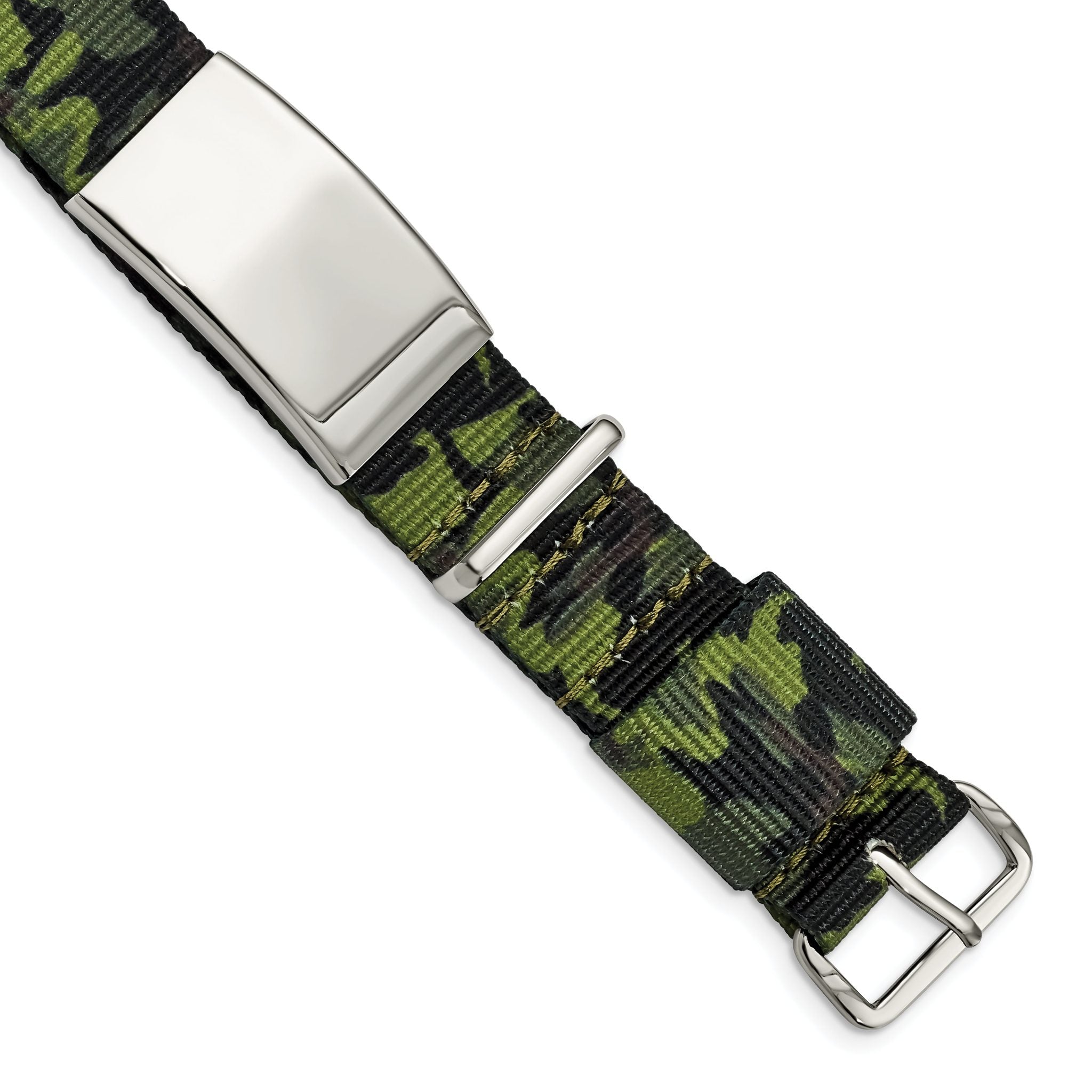 Stainless Steel Polished Green Camo Fabric Adjustable ID Bracelet for Men