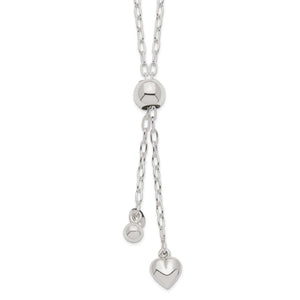 Puffed Heart Dangle Lariat in Sterling Silver, Adjustable, 36 Inch - Sophia Jewelers