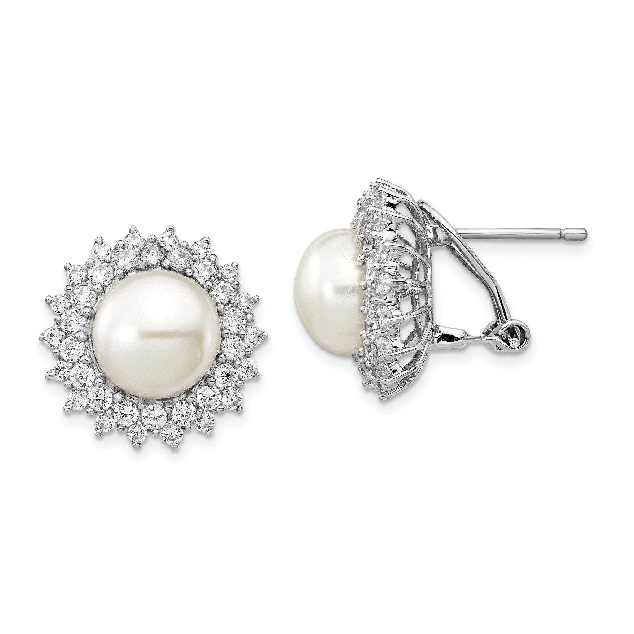 Cheryl M Sterling Silver Rhodium-plated Freshwater Cultured Pearl and Brilliant-cut CZ Omega Back Earrings Main image