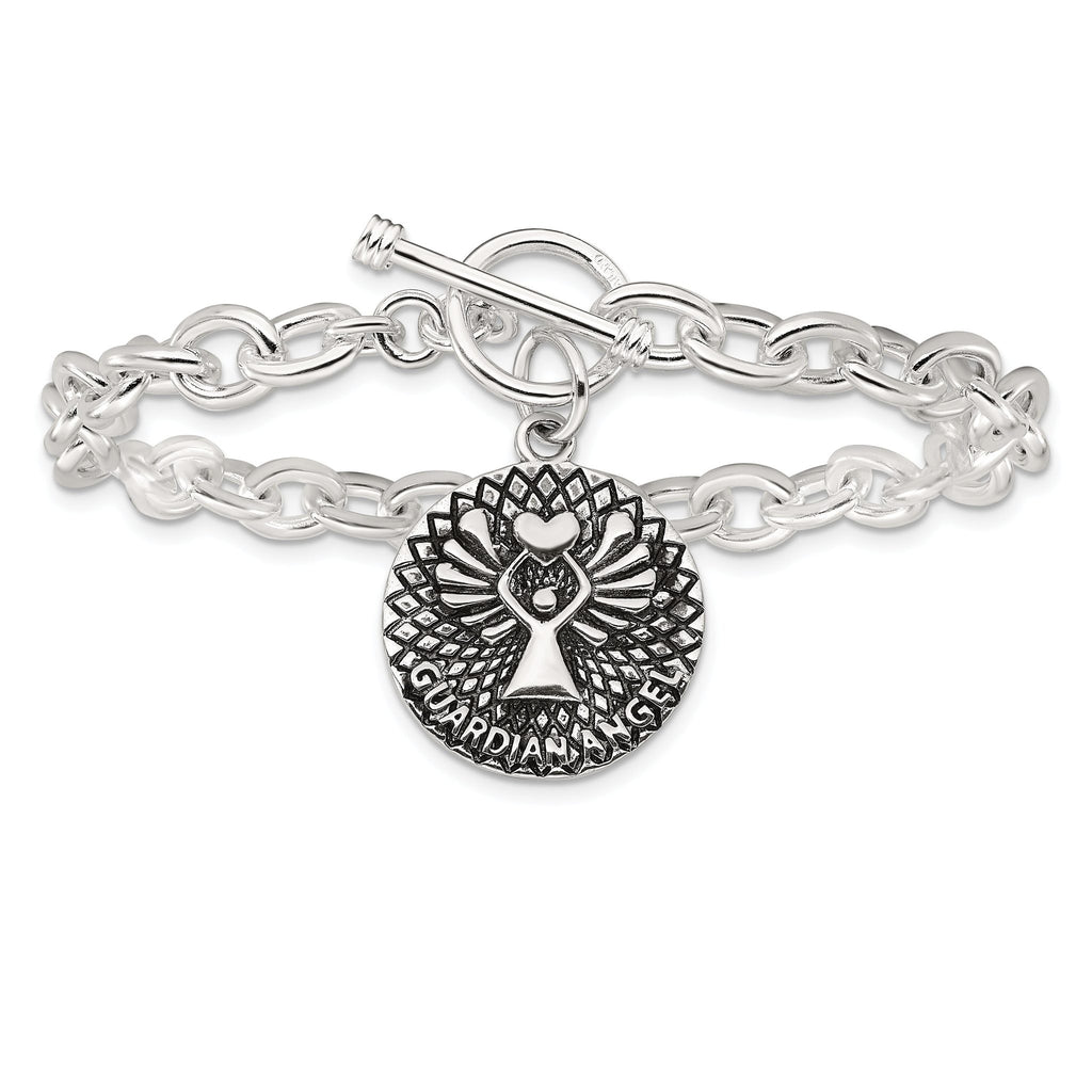 Sterling Silver Oxidized Dangle GUARDIAN ANGEL Toggle Clasp Bracelet
