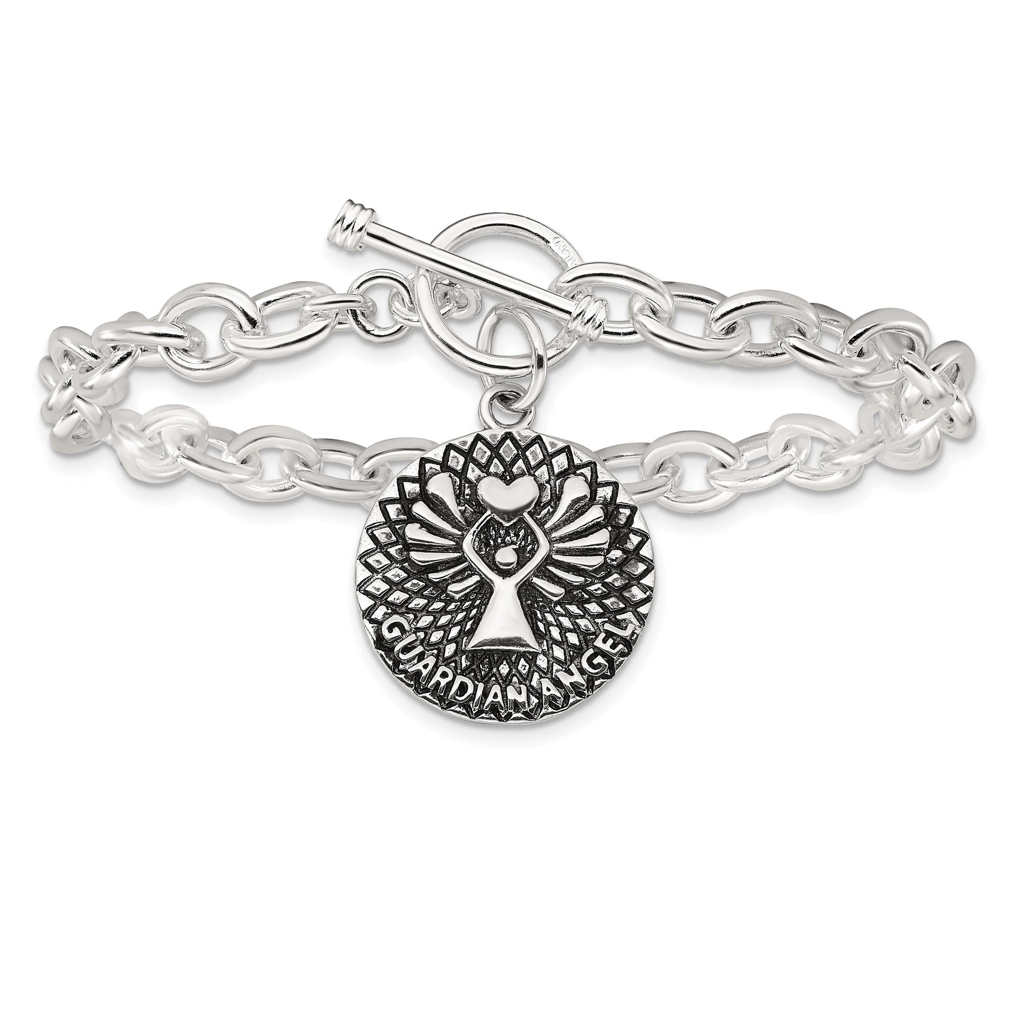 Sterling Silver Oxidized Dangle GUARDIAN ANGEL Toggle Clasp Bracelet