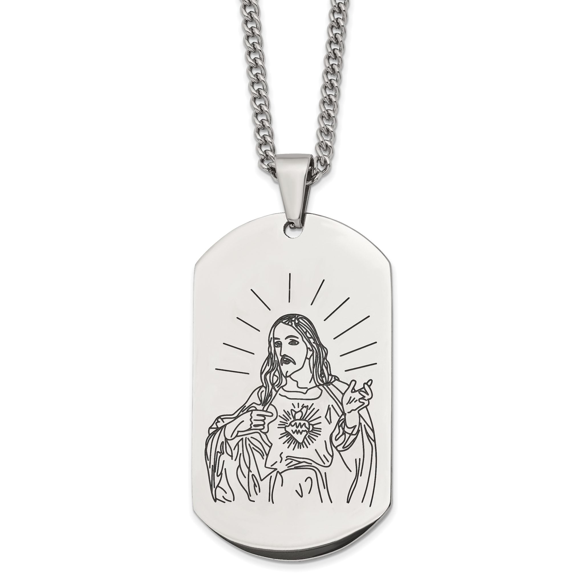 Etched Jesus Dog Tag Necklace in Stainless Steel, 24" Main image