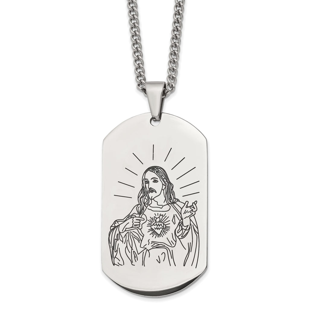 Etched Jesus Dog Tag Necklace in Stainless Steel, 24"