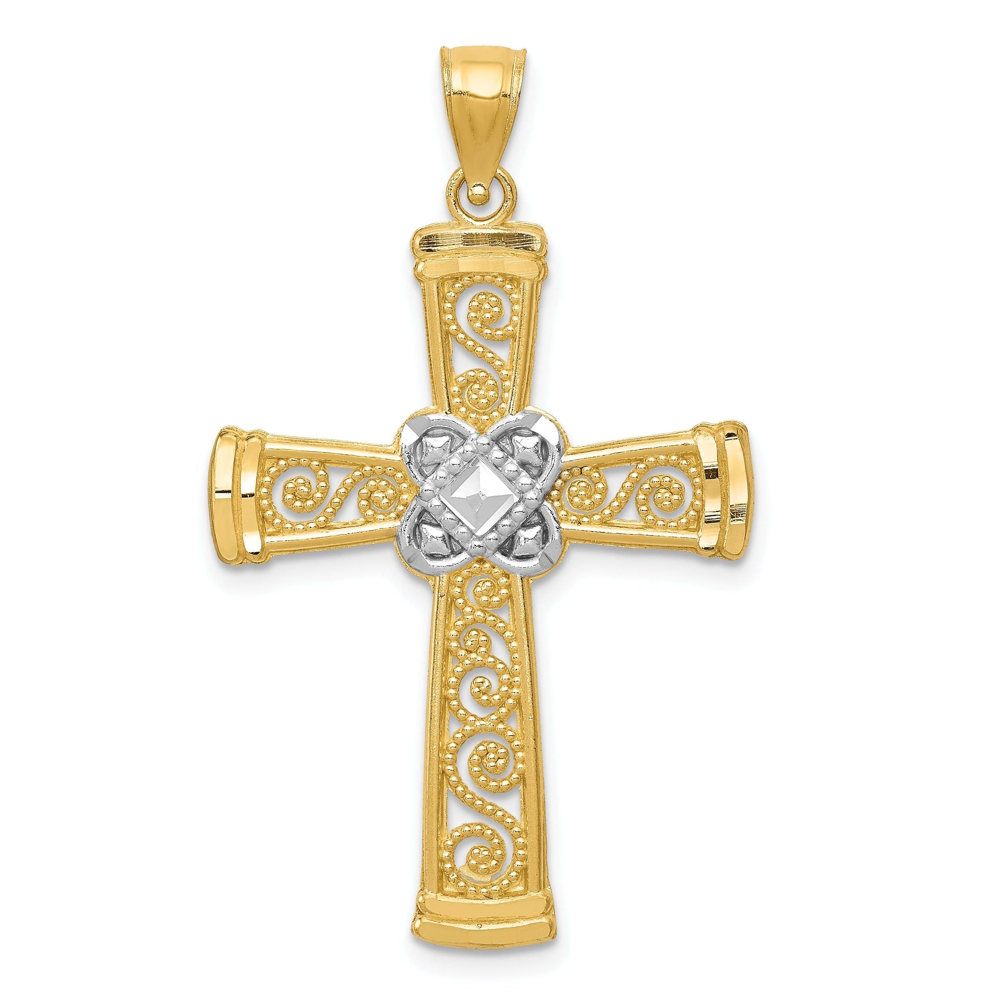 14K Gold Rhodium Accented Filigree Cross Pendant with Diamond-Cut Finish Main image